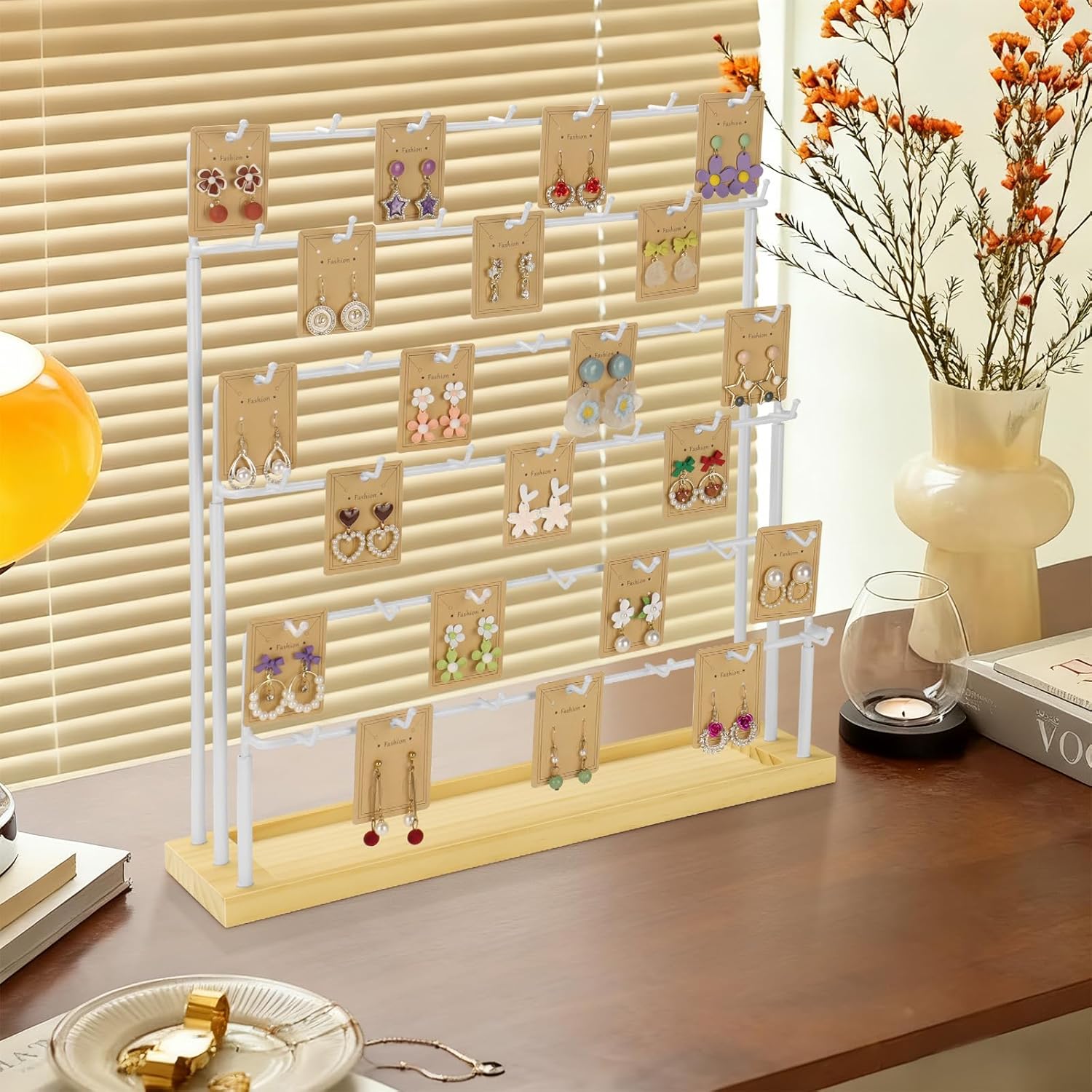 Earring Display for Vendors,6 Tiers 42 Hooks Jewelry Rack Display Holder Stand, Earring Organizer Holder for Necklaces Rings Bracelets Keychains,Jewelry Display for Selling with Earrings Cards-White