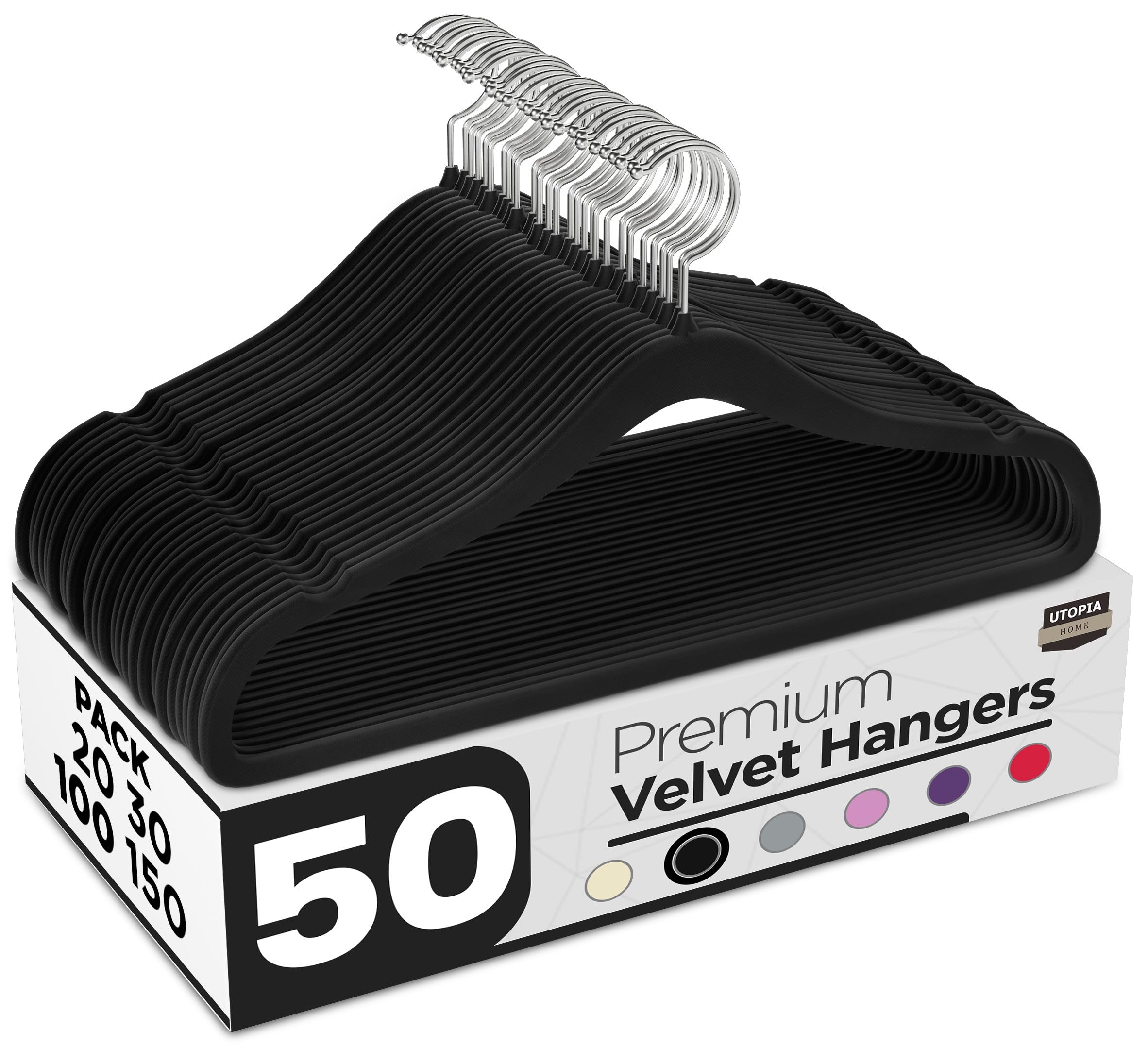Pack of 50 Velvet Suit Hangers - Heavy Duty Non-Slip Premium Hangers for Adult Clothes - 360 Degree Swivel Hook, Black