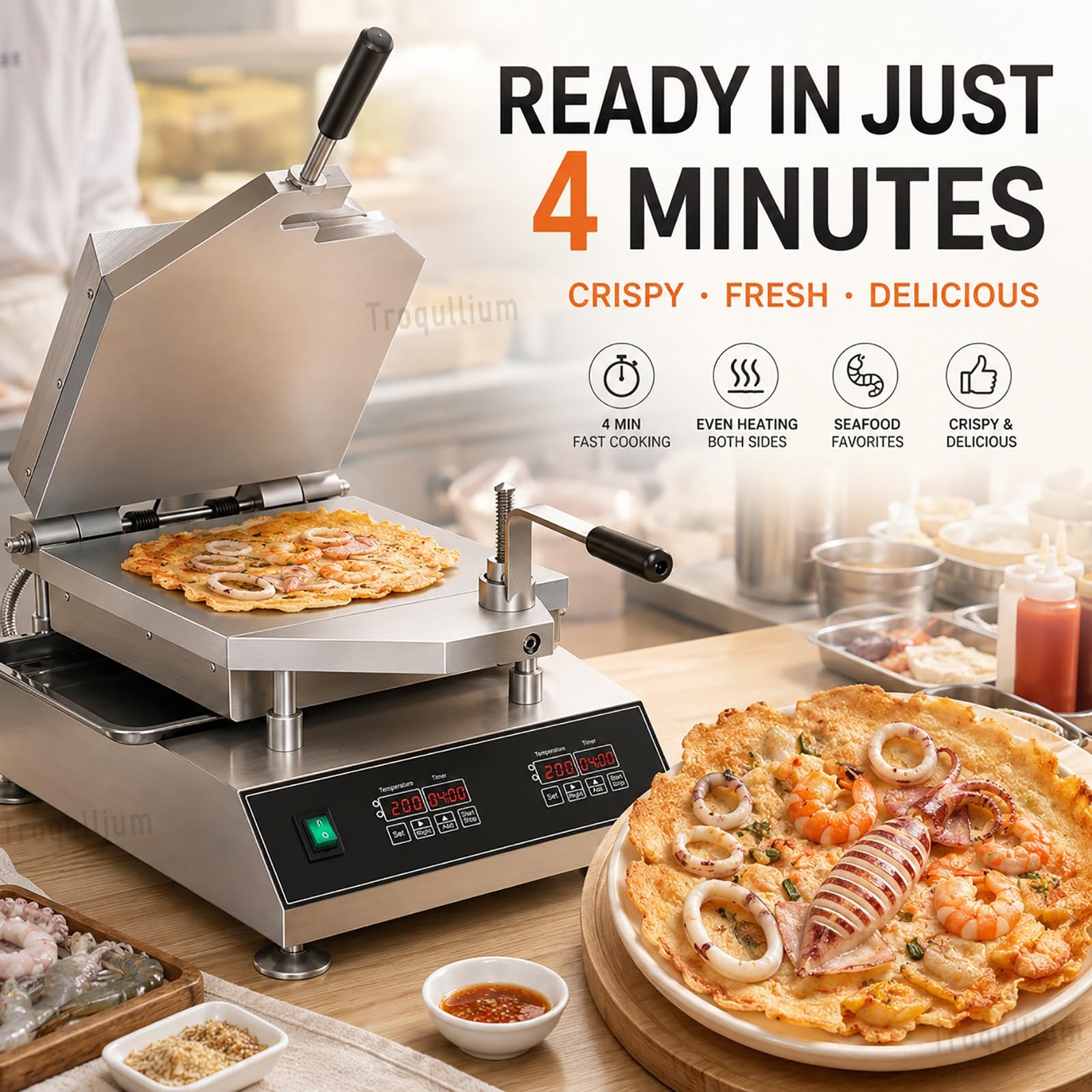 Macchina automatica per biscotti ai frutti di mare con piastra in alluminio rinforzato, controllo intelligente della temperatura per gamberetti, calamari, pesci e meduse