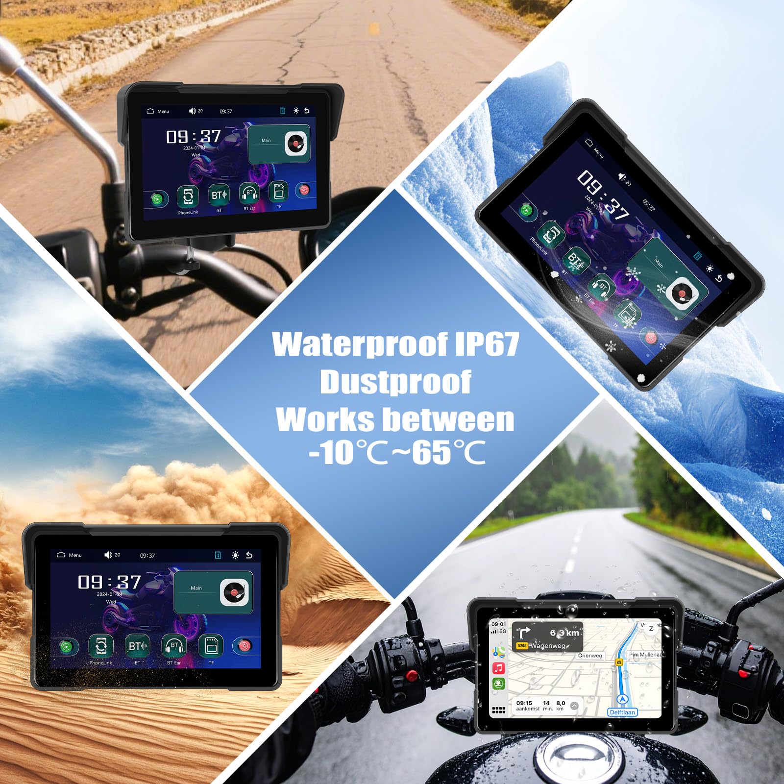 SIXWIN Écran Carplay sans Fil pour Moto, 7 Pouces Carplay sans Fil & Android Auto,Navigation GPS Moto Étanche IP68 Écran Tactile Étanche,Audio BT, EQ,Siri,Assistant G00gle
