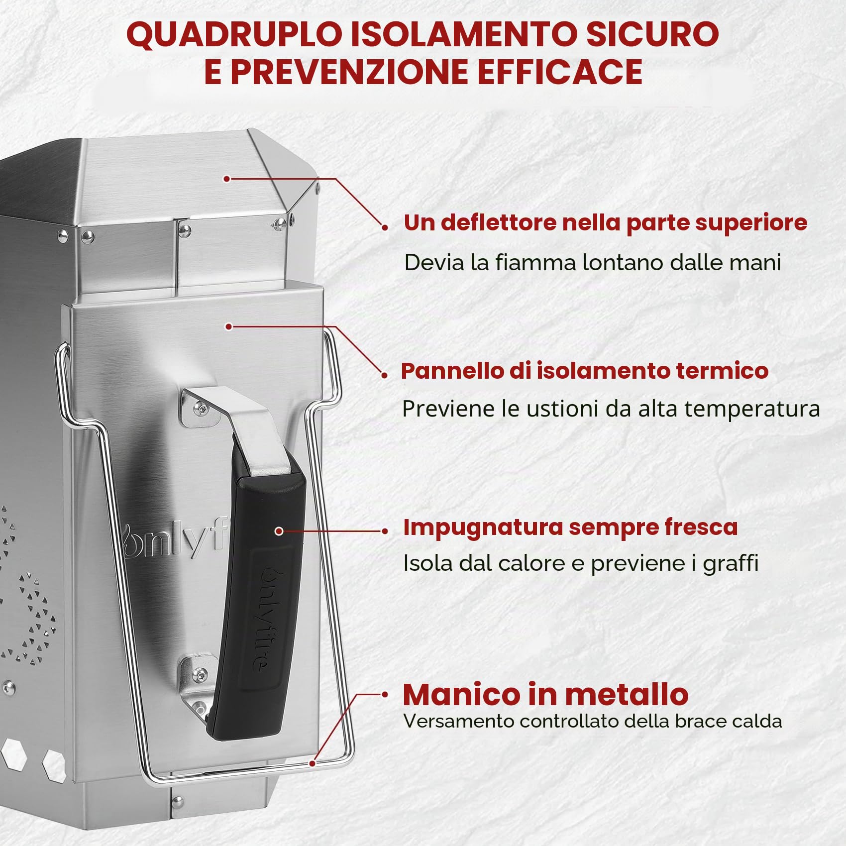 onlyfire Ciminiera Accenditore in Acciaio Inox, Starter per Camini da Barbecue con Sicurezza Isolata Termicamente e Manici in Metallo, Accenditore Rapido per Barbecue e Griglie a Carbonella