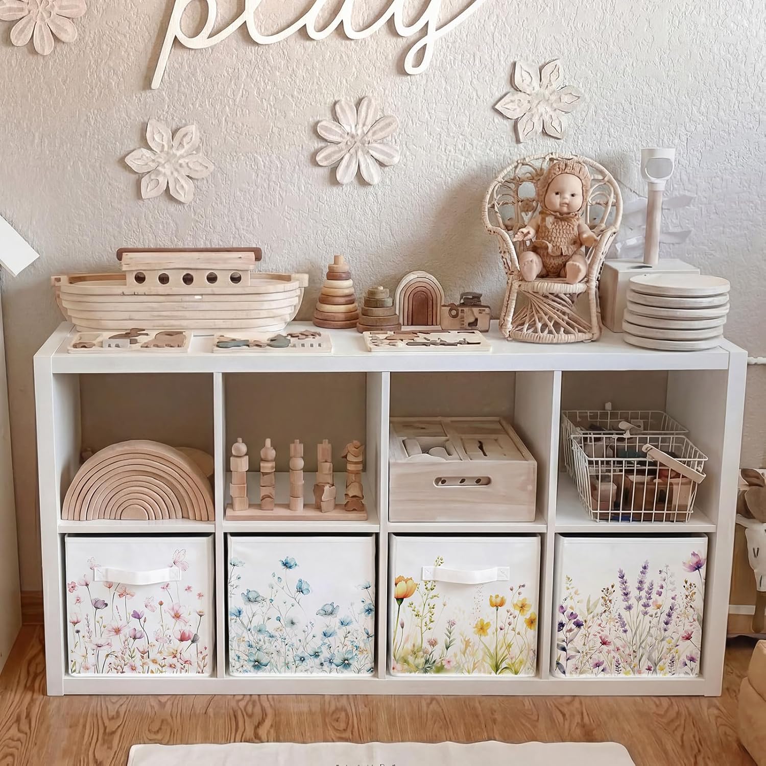 Geelin 6 Pcs WildFlower Cube Storage Bins 11 Inch White Storage Basket with Handle, Preppy Girls Organizer Basket, Collapsible Fabric Box for Classroom Bedrooms