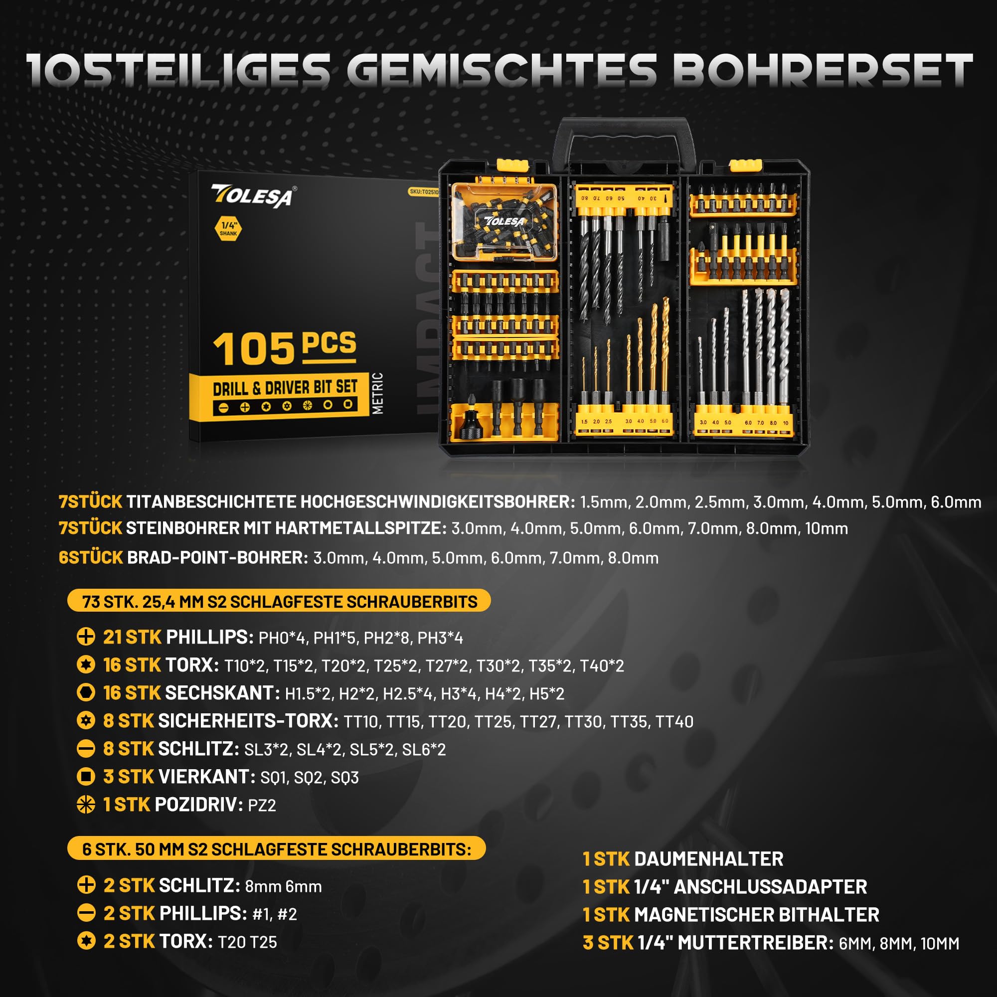 TOLESA Bohrer Set 105tlg für Holz, Metall und Mauerwerk, mit Koffer | Titanbeschichtete HSS-Bohrer, hartmetallbestückte Mauerbohrer, Holz-Spitzbohrer, S2 Bits, magnetischer Bithalter, Koffer