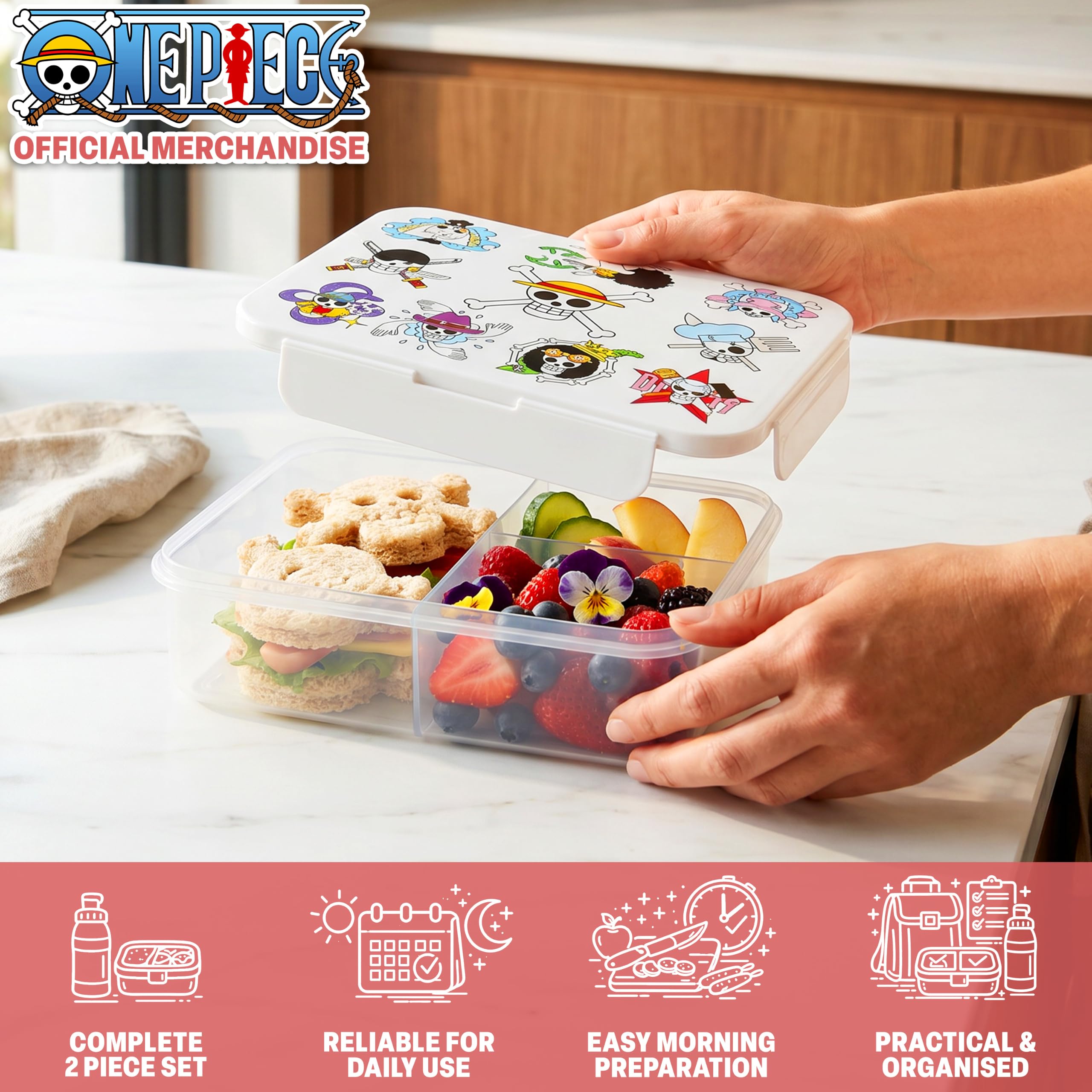 Get Trend One Piece Personaggi Porta Pranzo Bambini, Set 2 Pezzi con Senza BPA Bento Box 3 Scomparti e Borraccia Coperchio Apribile con Cannuccia 580 ml Scuola Idea Regalo (Multi One Piece)