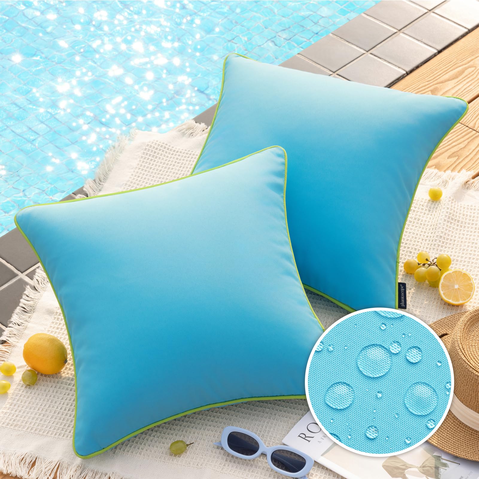 Phantoscope Pack of 2 Outdoor Waterproof Throw Pillow Covers with Contrast Piping, Decorative Square Cushion Case Patio Pillows for Couch Tent, Sky Blue 20x20 inches