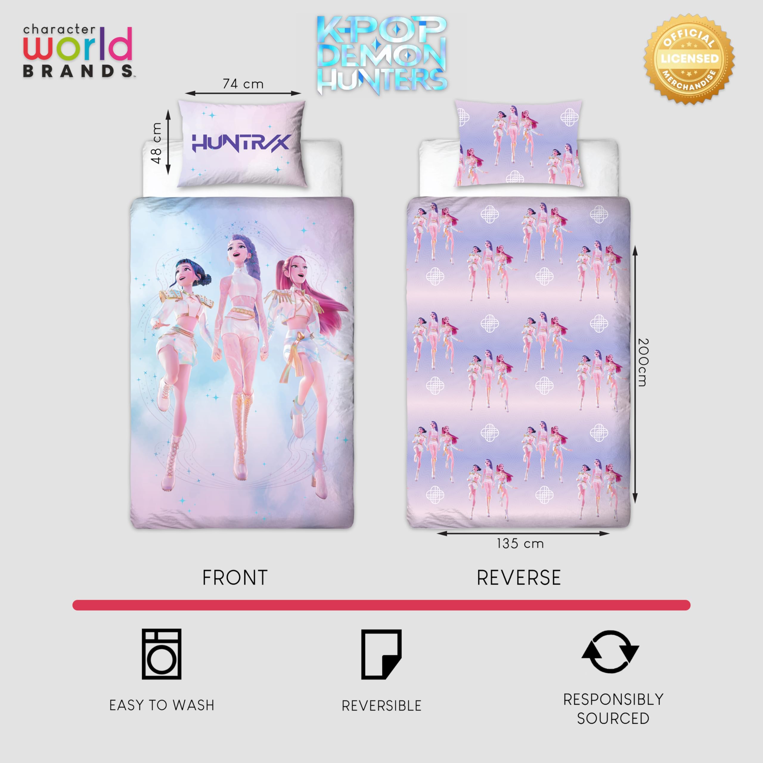 Juego de Funda nórdica Individual con Licencia Oficial de K-Pop Demon Hunters | Ropa de Cama Reversible de Dos Caras con diseño de Banda Sonora, Incluye Funda de Almohada a Juego