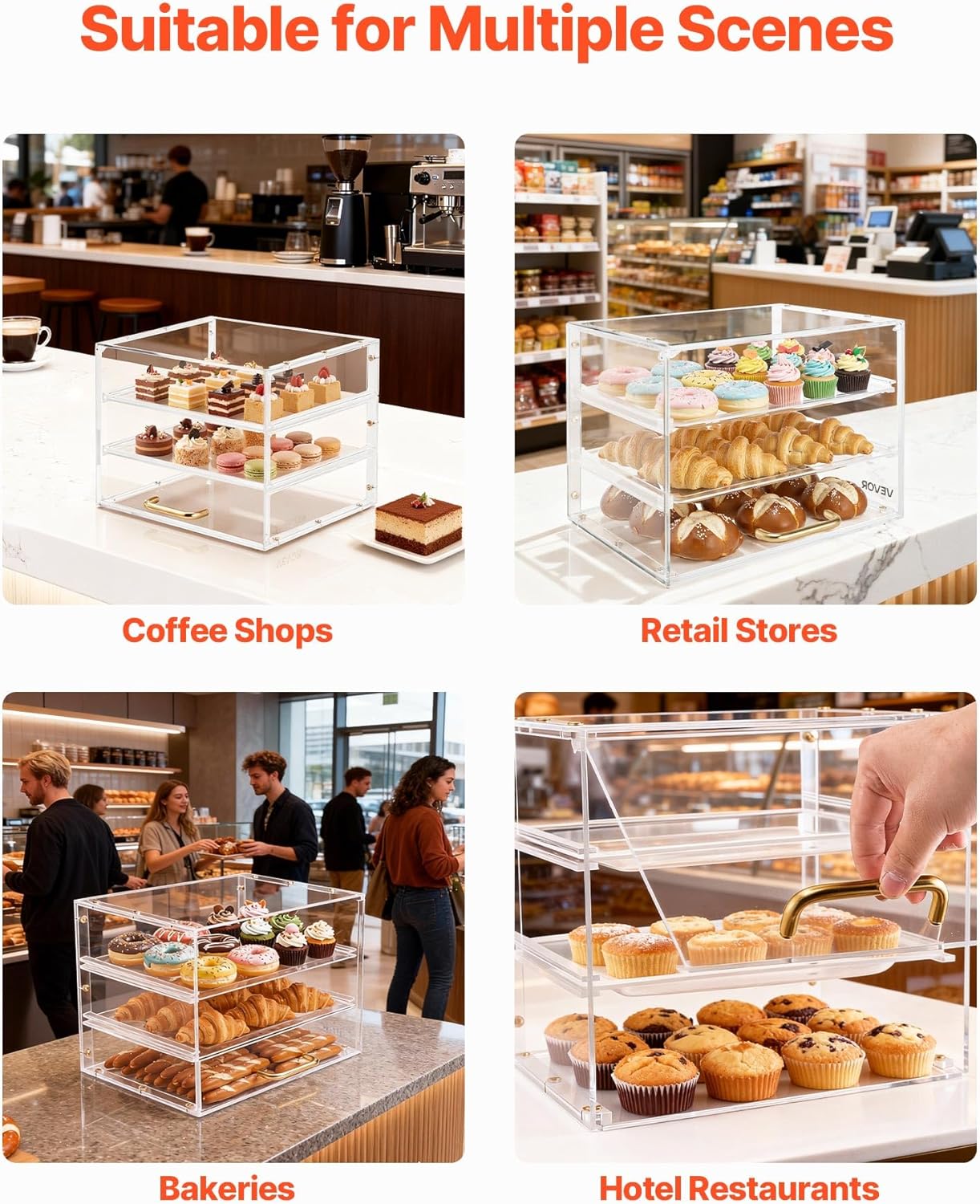 VEVOR Bakery Display Case, 3-Tier Commercial Countertop Pastry Display Case, Clear Acrylic Bread Box for Kitchen, Party Cake Cabinet with Flip-Up Door for Cookie Dessert Donut, 13" x 10.2" x 10.2"