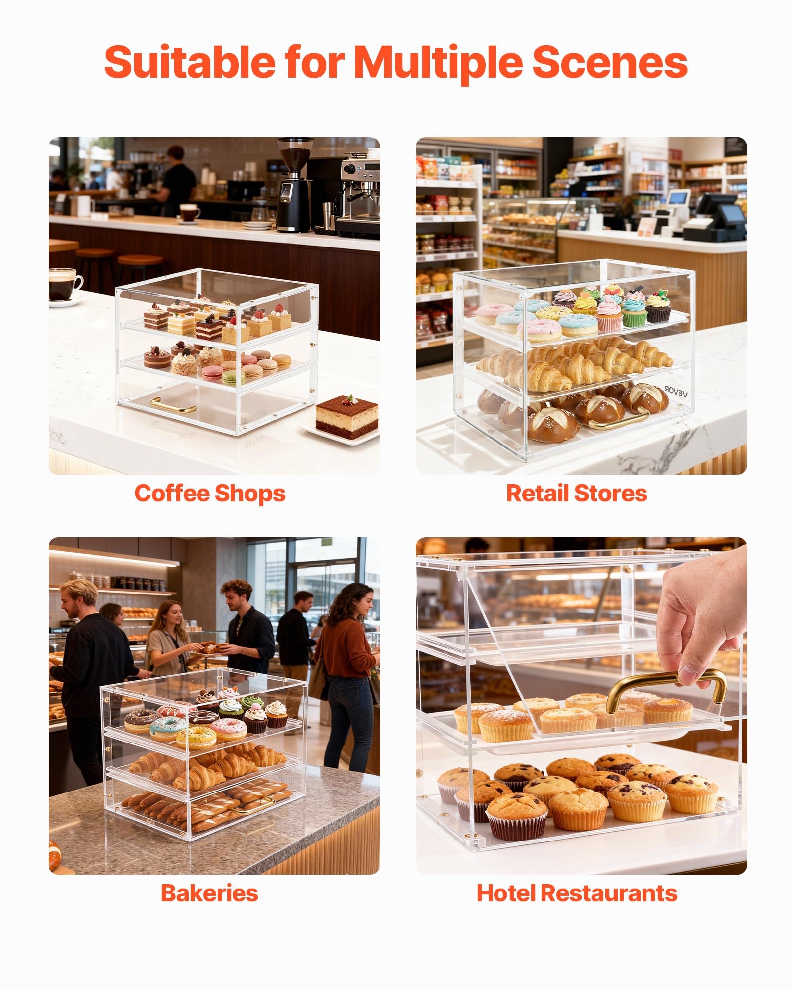 VEVOR Vetrina per Pasticceria 3 Ripiani da Banco, Espositore per Panetteria in Acrilico Trasparente con Anta a Ribalta, Vetrina Portapane in Acrilico per Torte Biscotti Dolci 330 x 260 x 260 mm