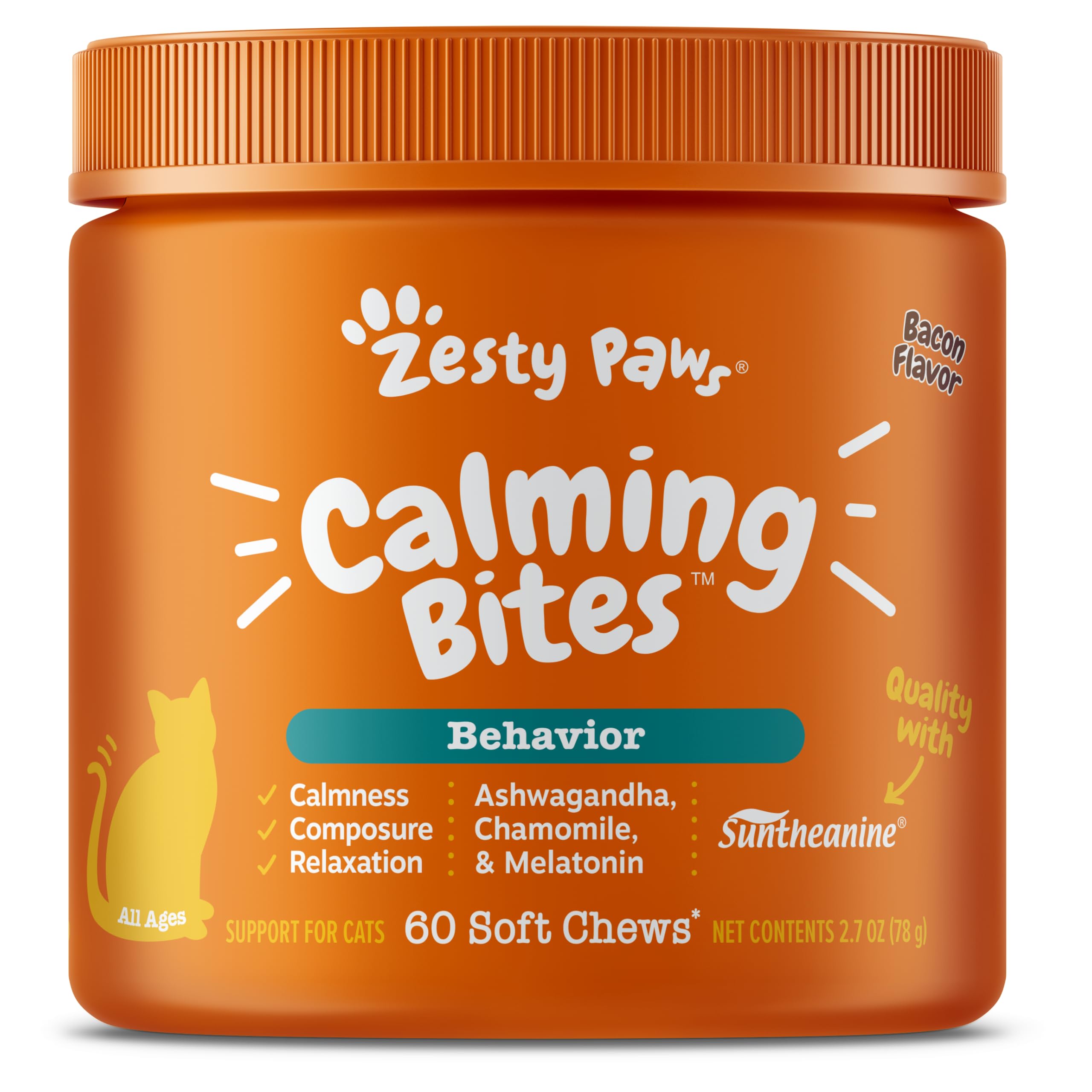 Zesty Paws Calming Chews for Cats - Composure & Relaxation for Everyday Stress & Separation - with Ashwagandha, Organic Chamomile, L-Theanine & L-Tryptophan – Bacon - 60 Count - Cat