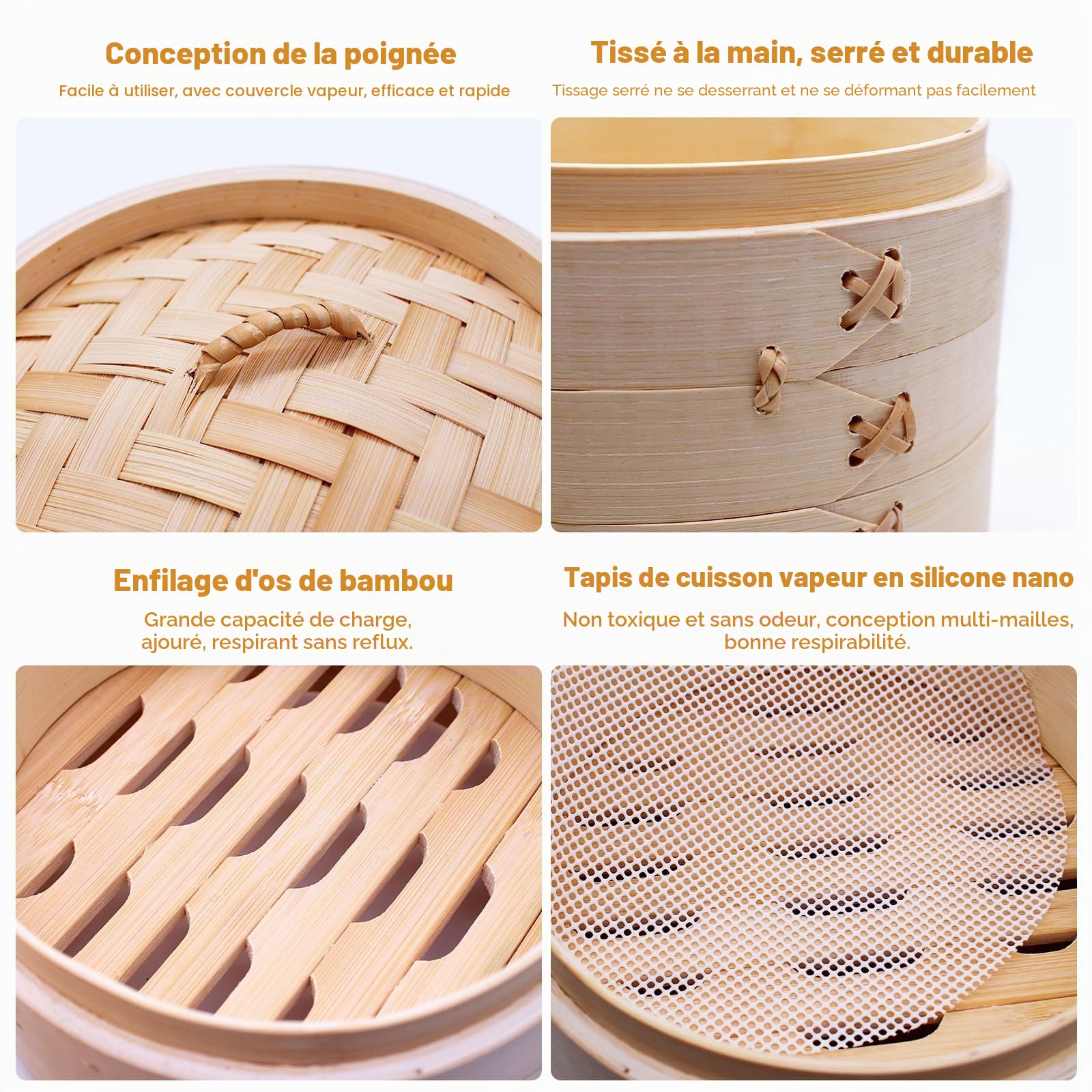 Cuiseur Vapeur en Bambou - 2 Étages Avec Couvercle - 15 cm - Panier Avec 2 Tapis de Cuisson en Silicone - Pour Boulettes, Riz, Dim Sum, Légumes, Viande (S)