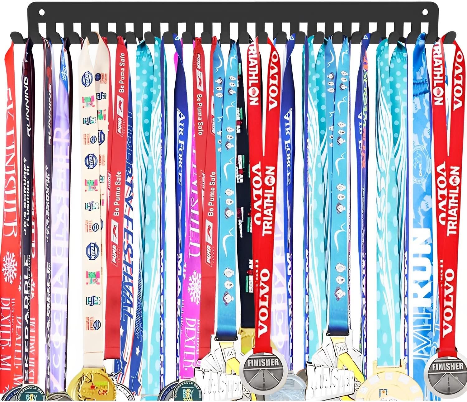 Ahomiwow Medal Holder Display Hanger Rack Metal Frame Storage Collector Sport Medals Hanging Bib Organzier 15.4 Inches Sturdy Wall Mounted for 60 Medals Easy to Install Running 24PCS Hooks 1 Pack