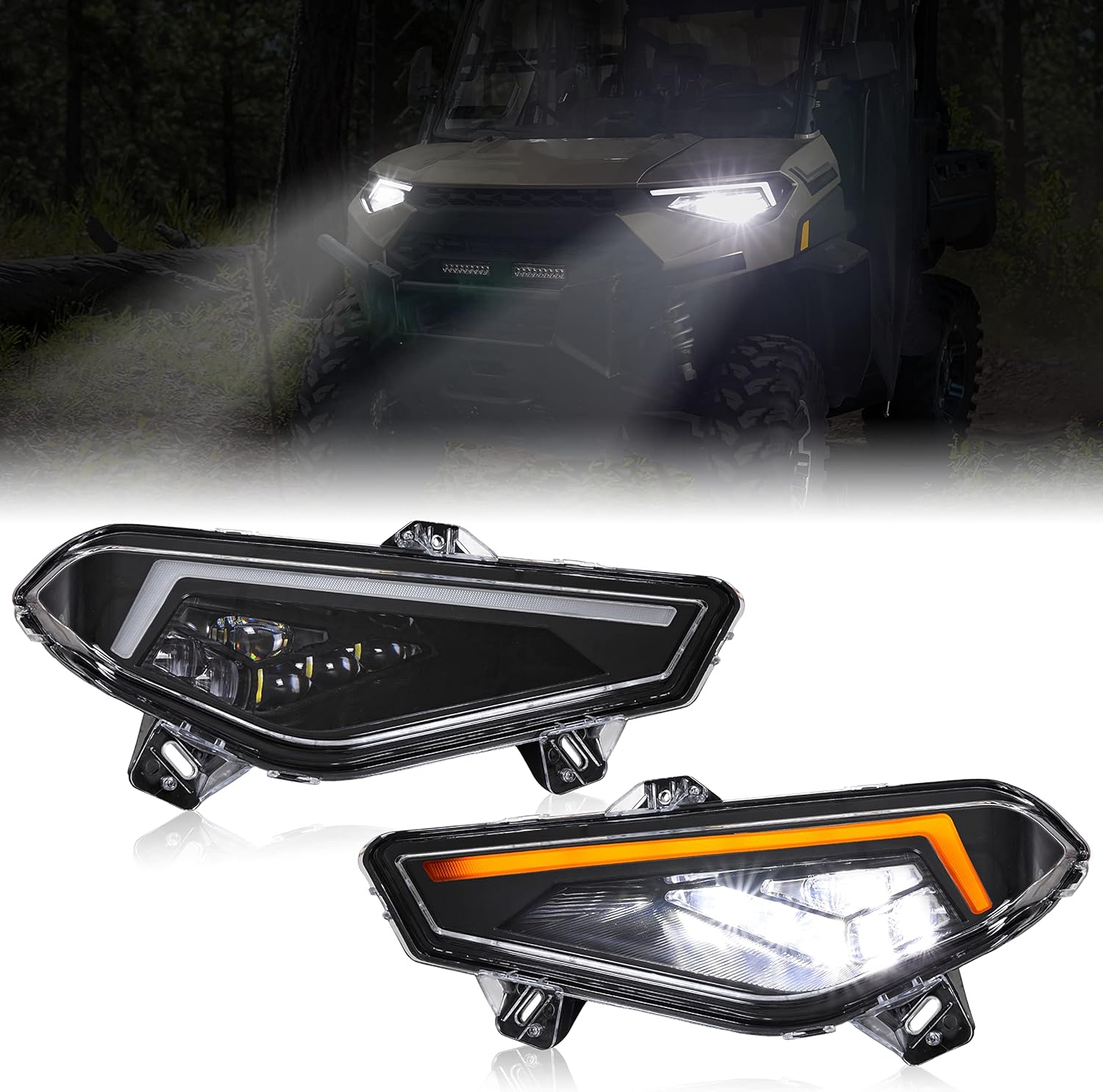 SAUTVS LED Headlights for Polaris Ranger XP 1000/Crew 2018-2025 Accessories, LED Head Lights Assembly Front Lamps with High-Low Beams DRL Turn Signal Light(1Pair, Replace #2889072)