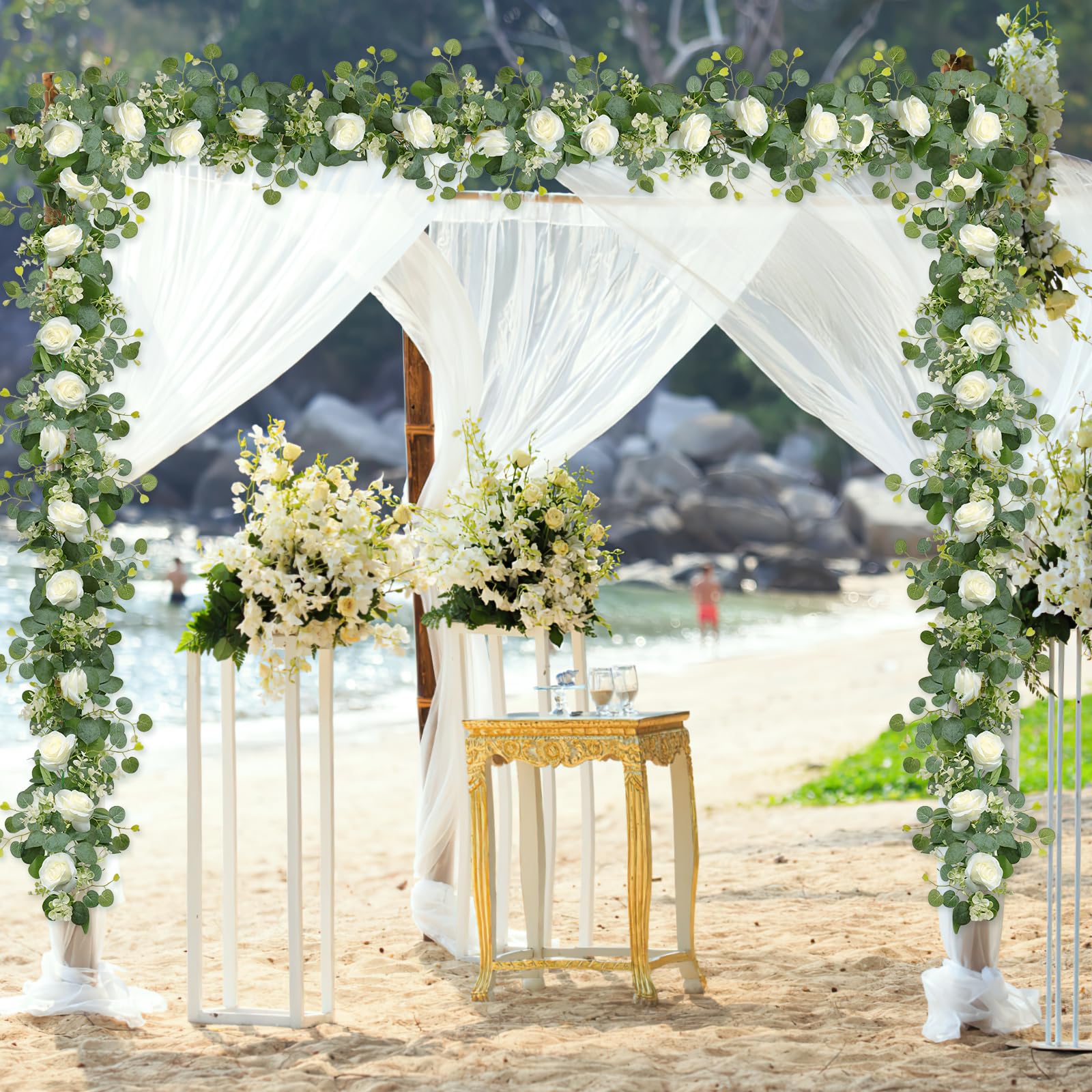 Dremisland 4 Piezas Guirnalda de Rosas Artificiales Flores 1.8m Guirnalda de Eucalipto Rosas Blancas Falsas Colgante Artificial Vid de Seda Plantas para Decoración Boda Jardín Balcón Exterior Interior