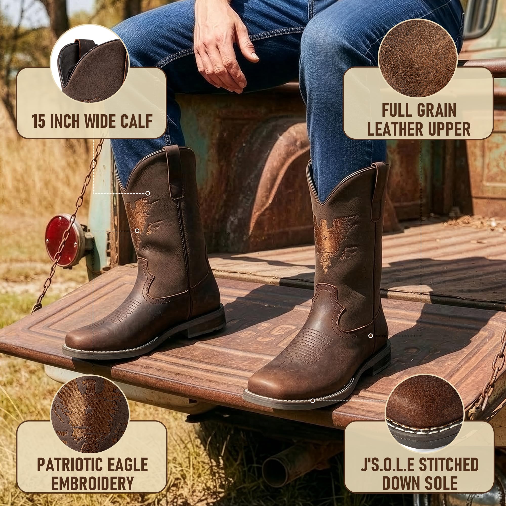 J's.o.l.e Cowboystiefel aus Leder für Herren, quadratischer Zehenbereich, Western-Stil, zum Reinschlüpfen, bestickt, Landarbeit, Reitkleid, Stiefel, Braun