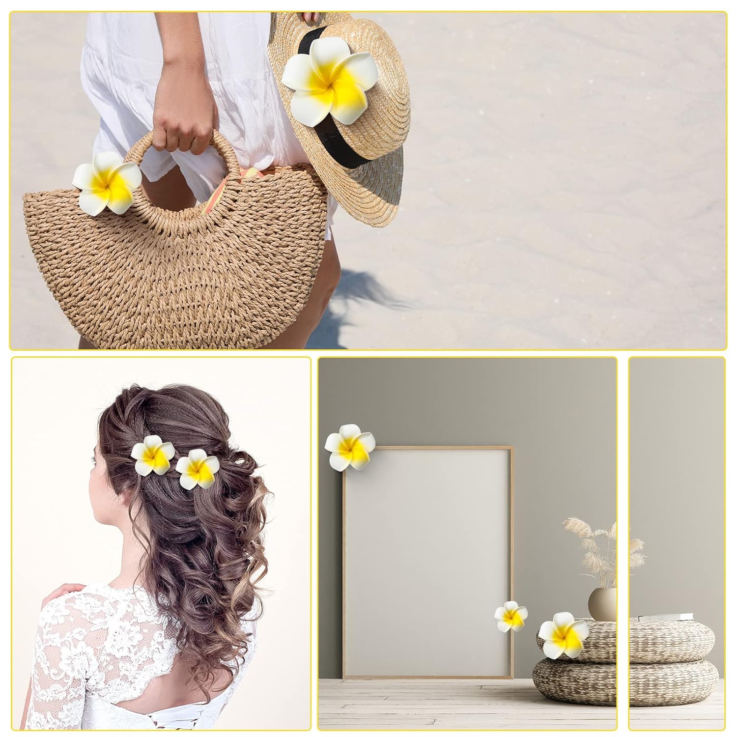 Crowye 100 Pcs White Foam Hawaiian Plumeria Flower Clips Bulk 3 Sizes Artificial Frangipani Petals Cap Wreath Floral DIY Craft for Home Luau Party Decorations Beach Wedding Guests