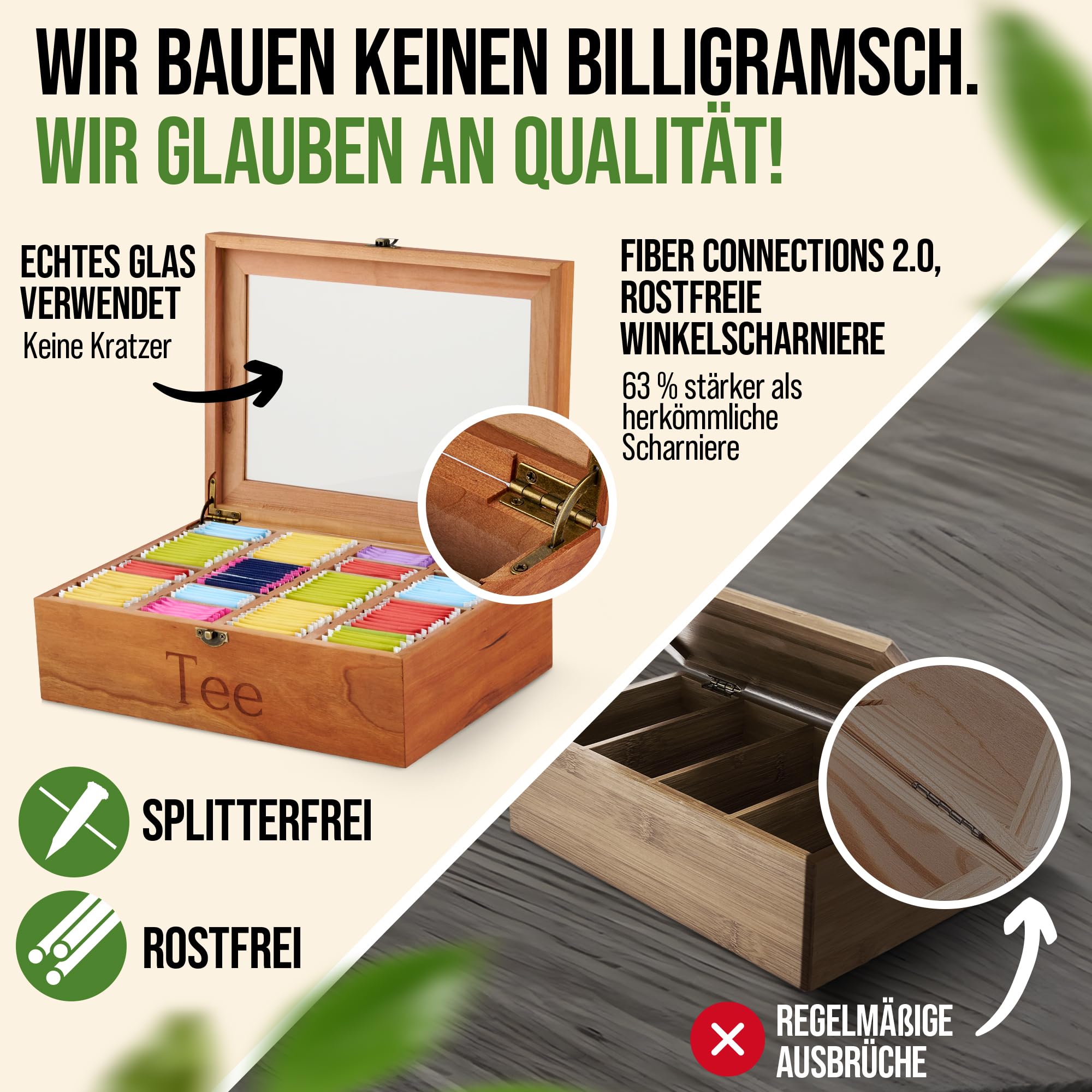 Boîte à thé de qualité supérieure en bois de cerisier avec 20 compartiments flexibles et fenêtre de visualisation (22,5 x 31 x 10 cm) - Charnières renforcées + fermeture solide -