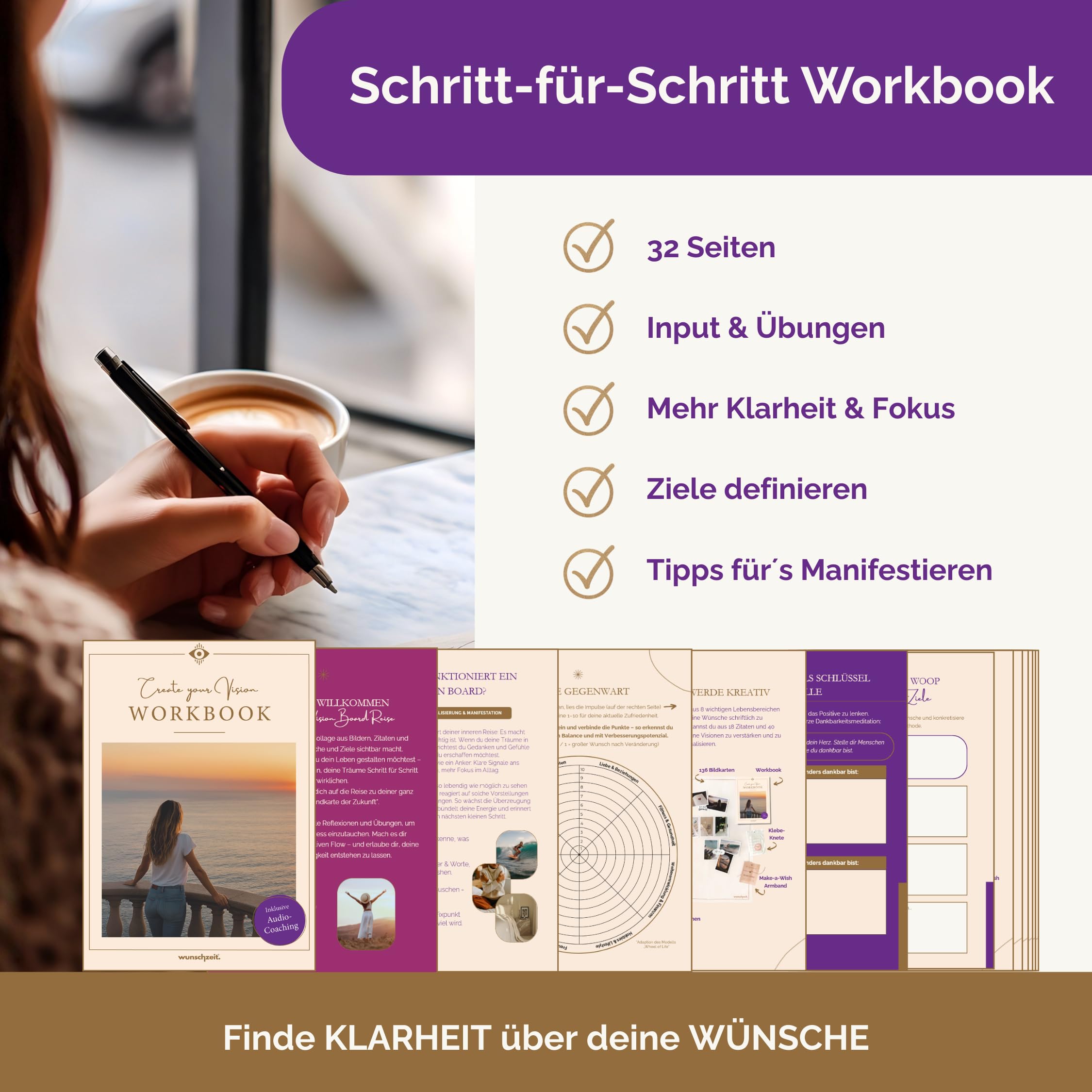 wunschzeit® Premium Vision Board Set | All-in-One Kit mit 162 Karten, 32-Seiten Workbook & XL-Poster | Klarheit, Träume manifestieren & Ziele erreichen | Inspirierendes Geschenk für Frauen