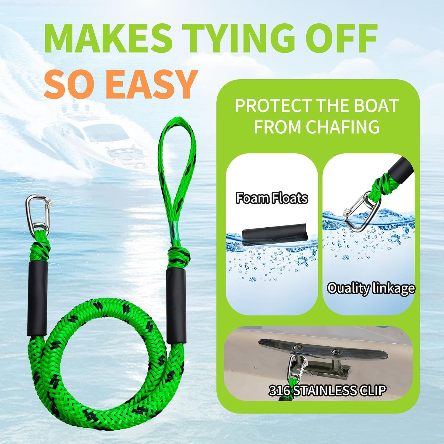 4FT Boat Bungee Dock Line Marine Rope 2-Pack for Temporary Boat Docking, with 316 Stainless Steel Clip,Boat Accessory for Kayak, Pontoon, Watercraft, Canoe, Power Boat (Green)