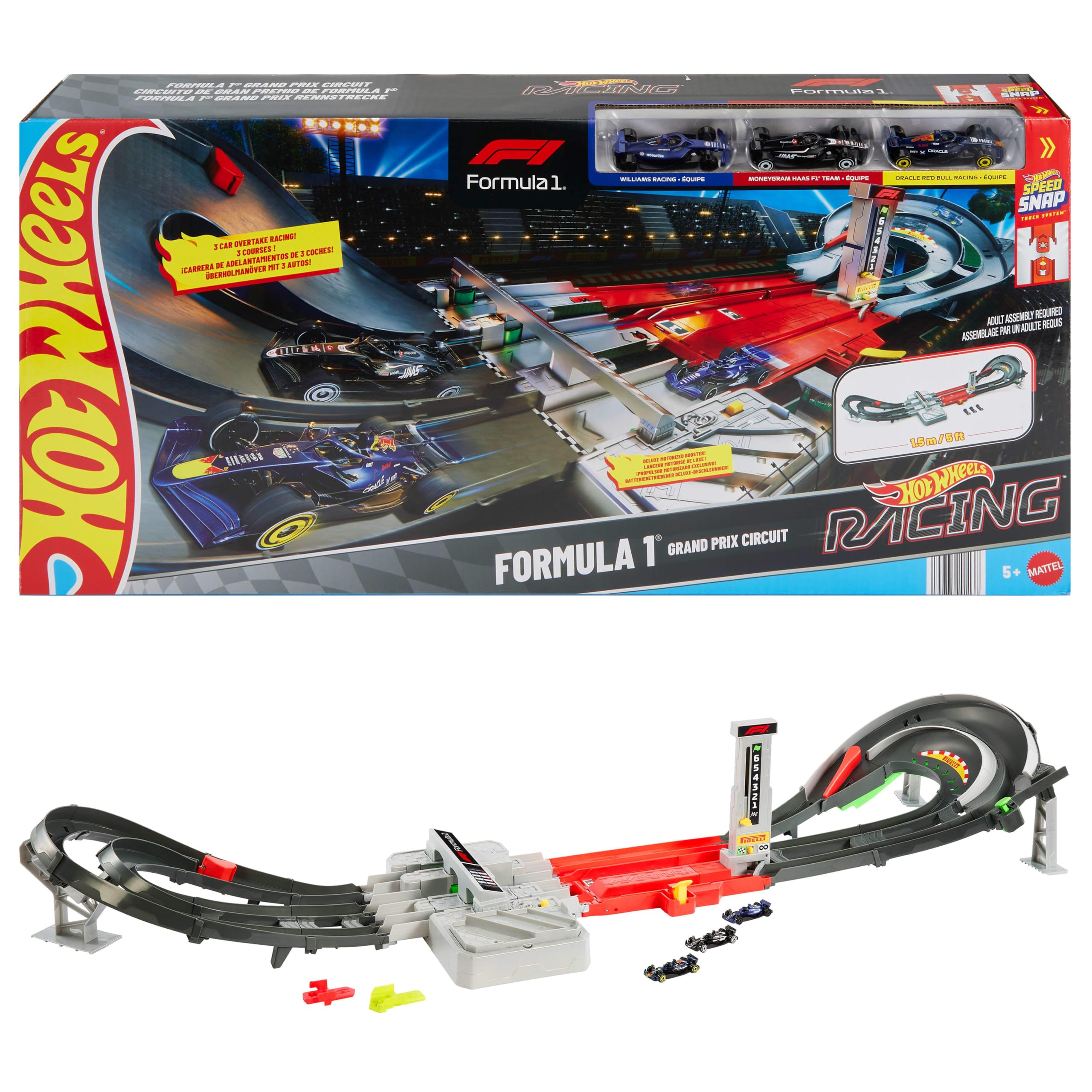 Hot Wheels Conjunto de Pista Coches de Juguete, Circuito de Gran Premio de Formula 1 con 3 Coches de Juguete metálicos a Escala 1:​64, Dos Modos de Carrera con un propulsor motorizado, JDY16