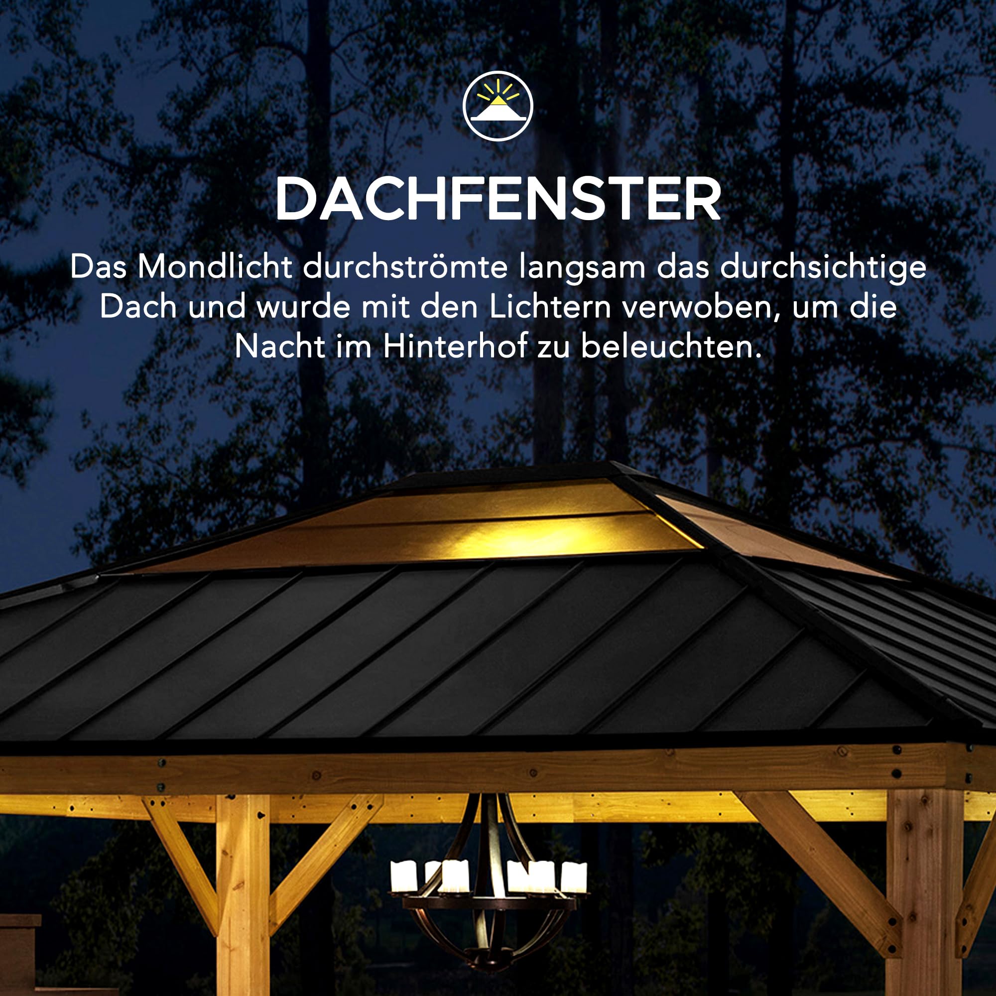 SUNJOY 3,9x4,5 m Holzpavillon mit lichtdurchlässigem Dachfenster, Pavillon Holz wasserdicht stabil Winterfest, Hardtop Stahldach, 14 cm Pfosten, Gartenpavillon für Terrasse & Deck