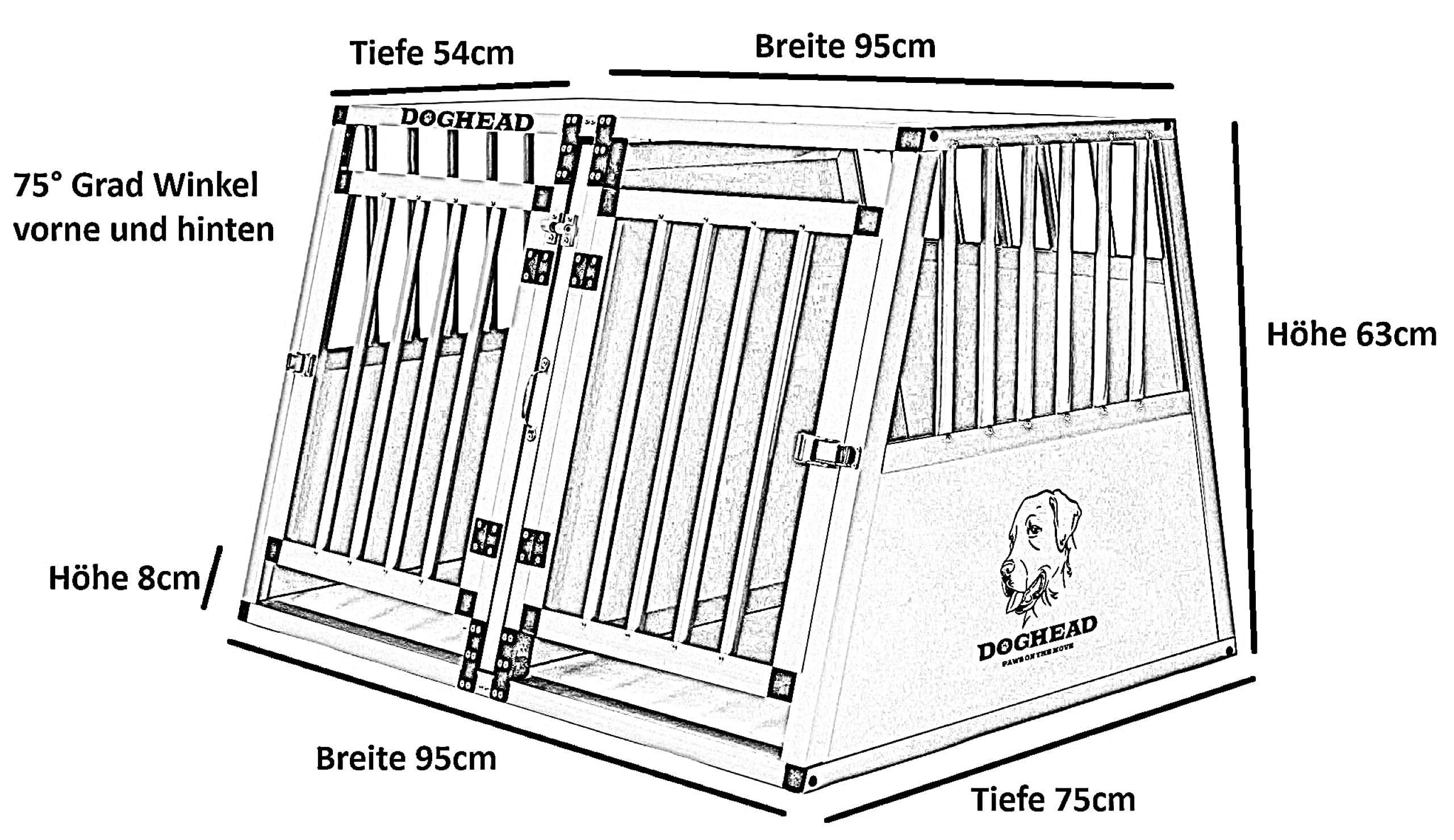 DOGHEAD Hundetransportbox Comfort, Double 95x75x63 cm DG, Schwarz, Aluminium, Beidseitig Abgeschrägt 75°, Trennwand mit Griff, Keine Kombibox