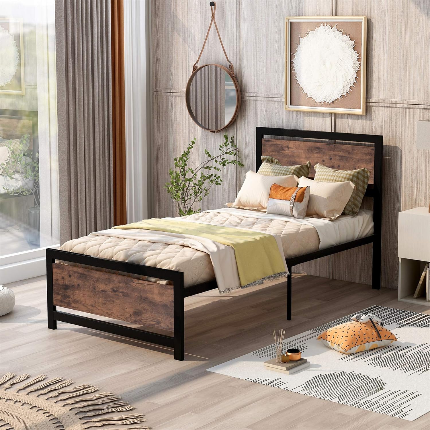Twin Bed Frame with Wooden Headboard and Footboard, Metal