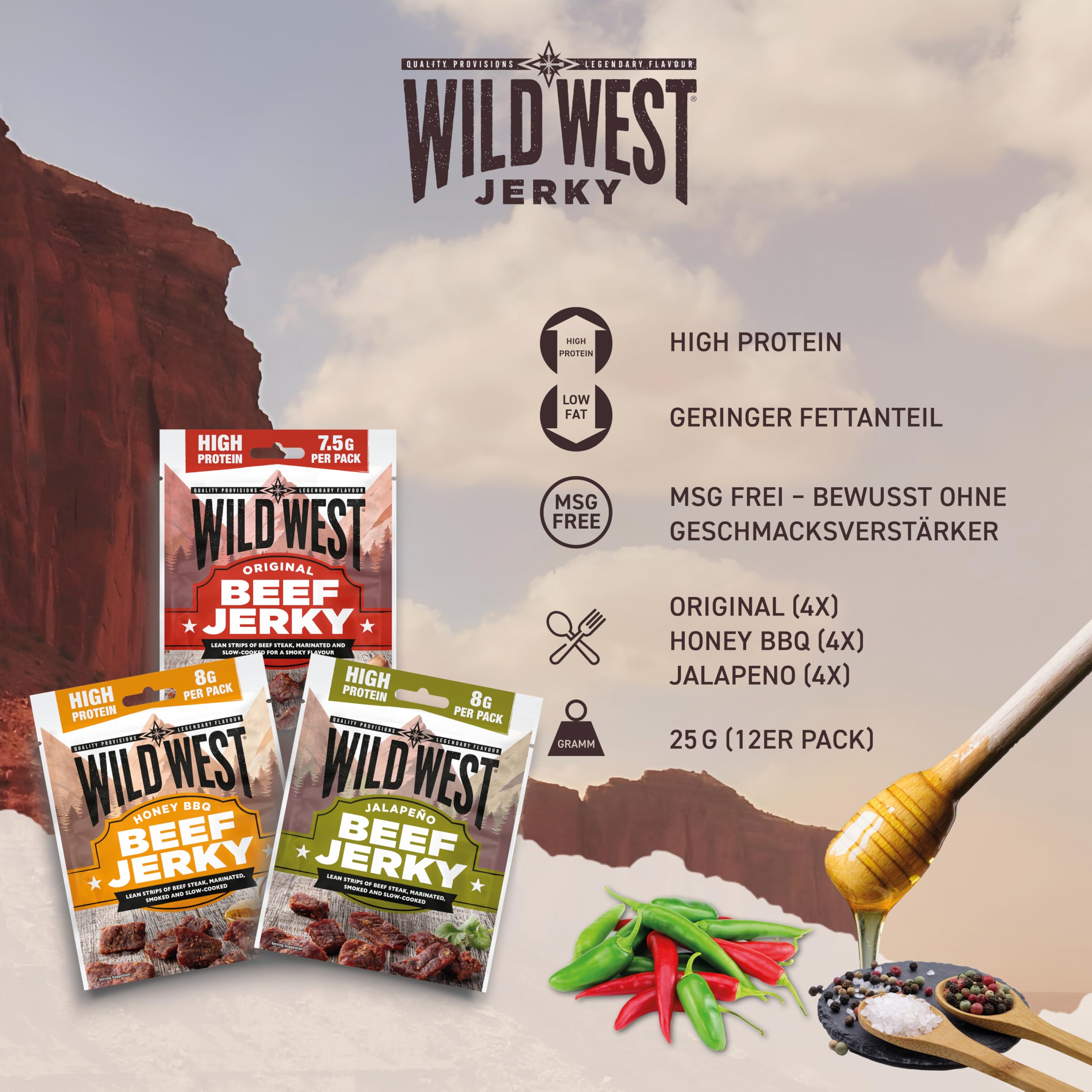 Wild West Beef Jerky, Mix Box 25g, 12er Pack mit 4x Original, 4x Honey BBQ, 4x Jalapeno - Beef Jerky high Protein Trockenfleisch, Protein Snack