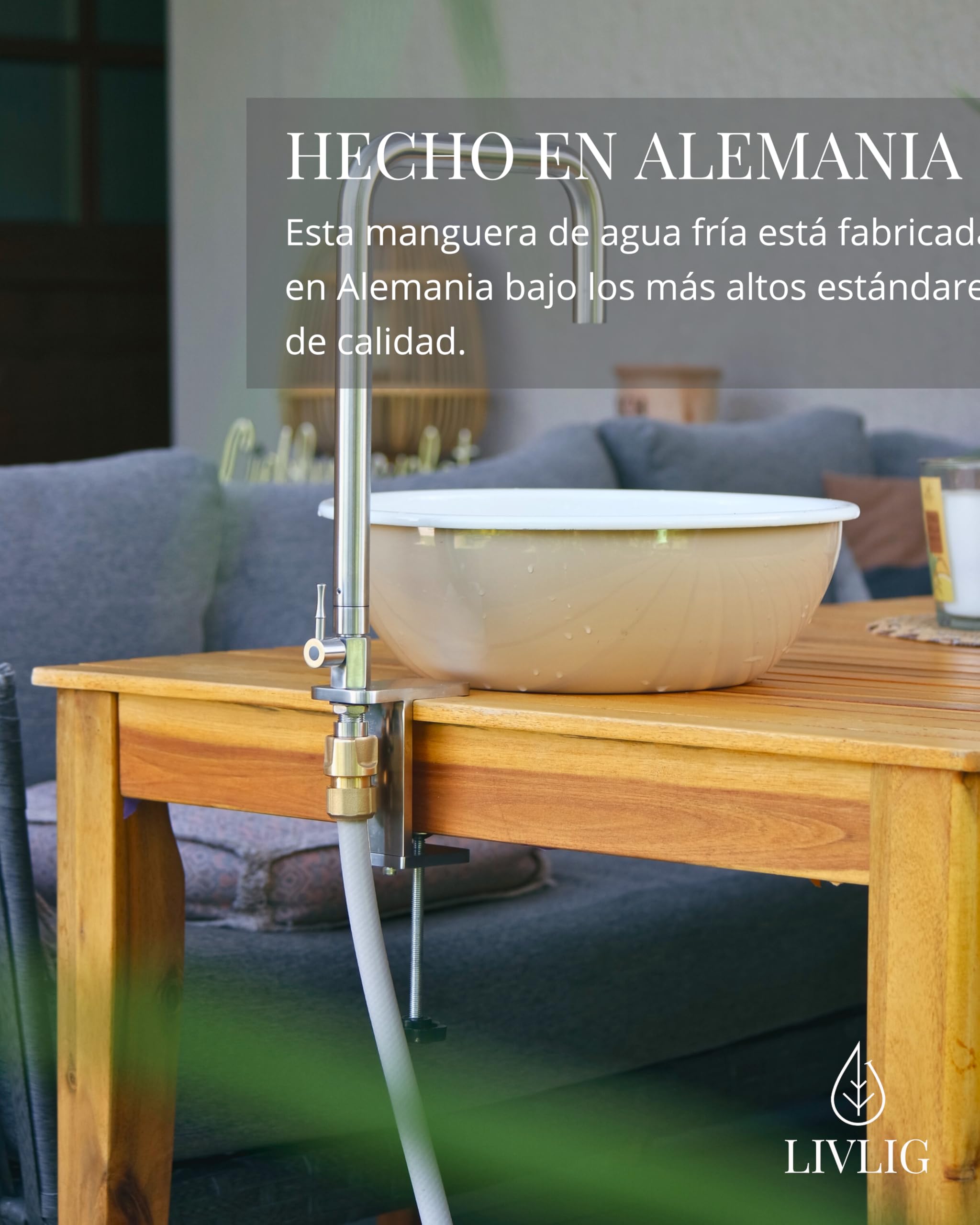 Livlig53 LIVLIG Manguera de Agua 10 m 1/2 Pulgada con racores, Manguera de Agua Dulce para Camping, Cocina Exterior o llenado de Piscinas, Manguera para Uso en el Sector del Agua Potable, Greige