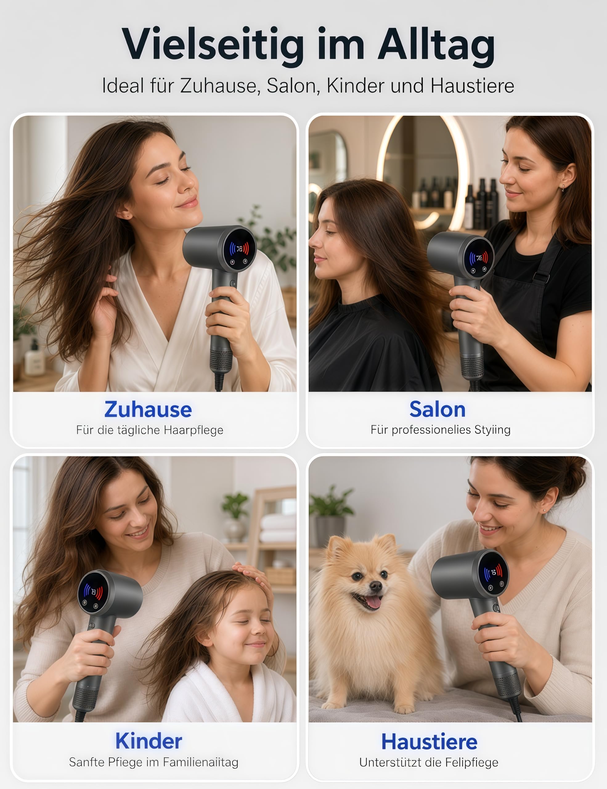 Hochgeschwindigkeits Föhn mit 5 Diffusor Kompatibel mit Dyson, 160.000 U/min Ionen Fön Haartrockner, Leiser Bürstenloser Motor, LED Touch-Display, NTC-Regler, 600 Mio. Negativ Ionen Haarföhn,13 Modi