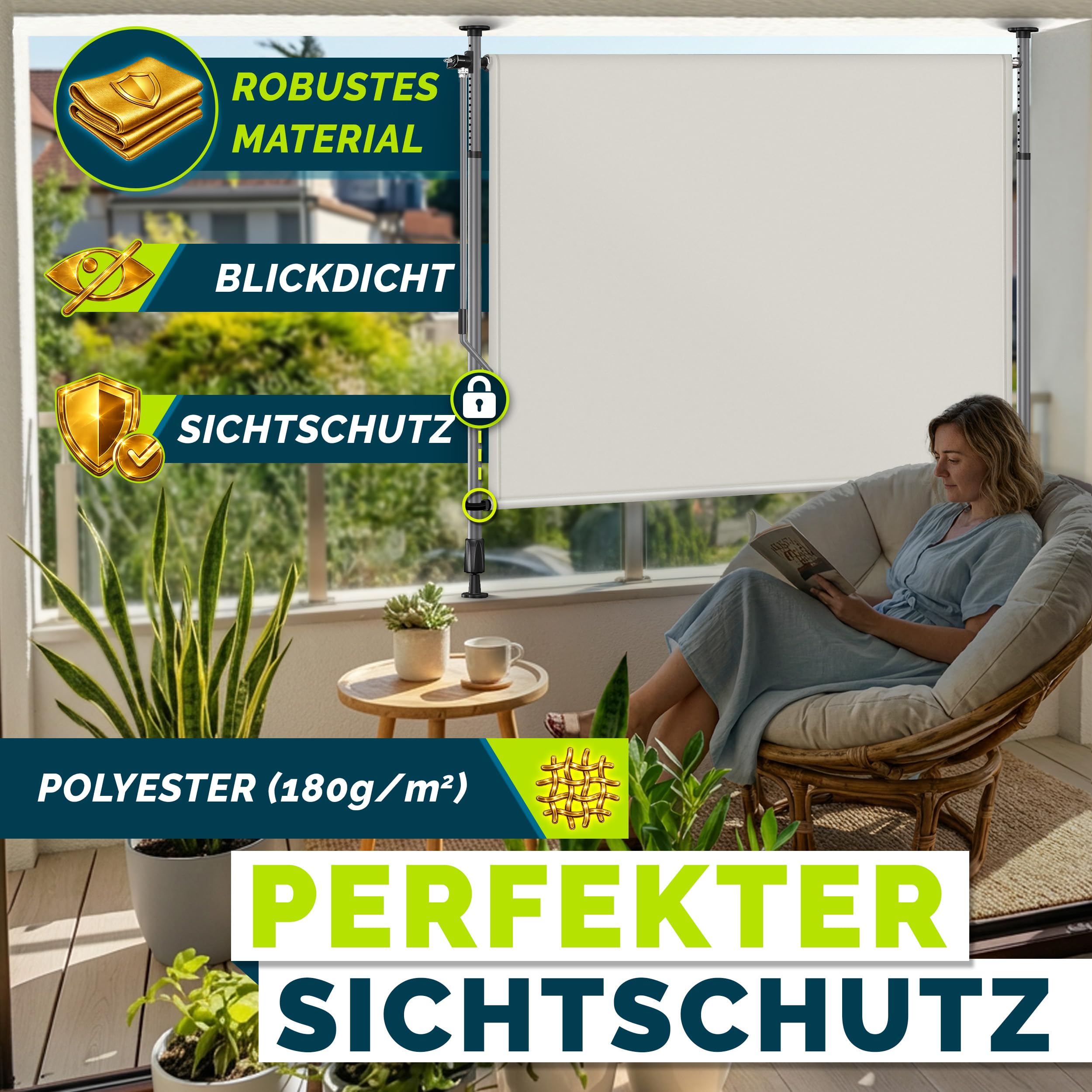tillvex® Klemmmarkise Senkrechtmarkise mit Handkurbel ohne Bohren | Sichtschutz Ausziehbar & Blickdicht | Vertikalmarkise Balkon Terrasse Garten | Sichtschutzrollo Wetterfest (Beige, 100x310 cm)