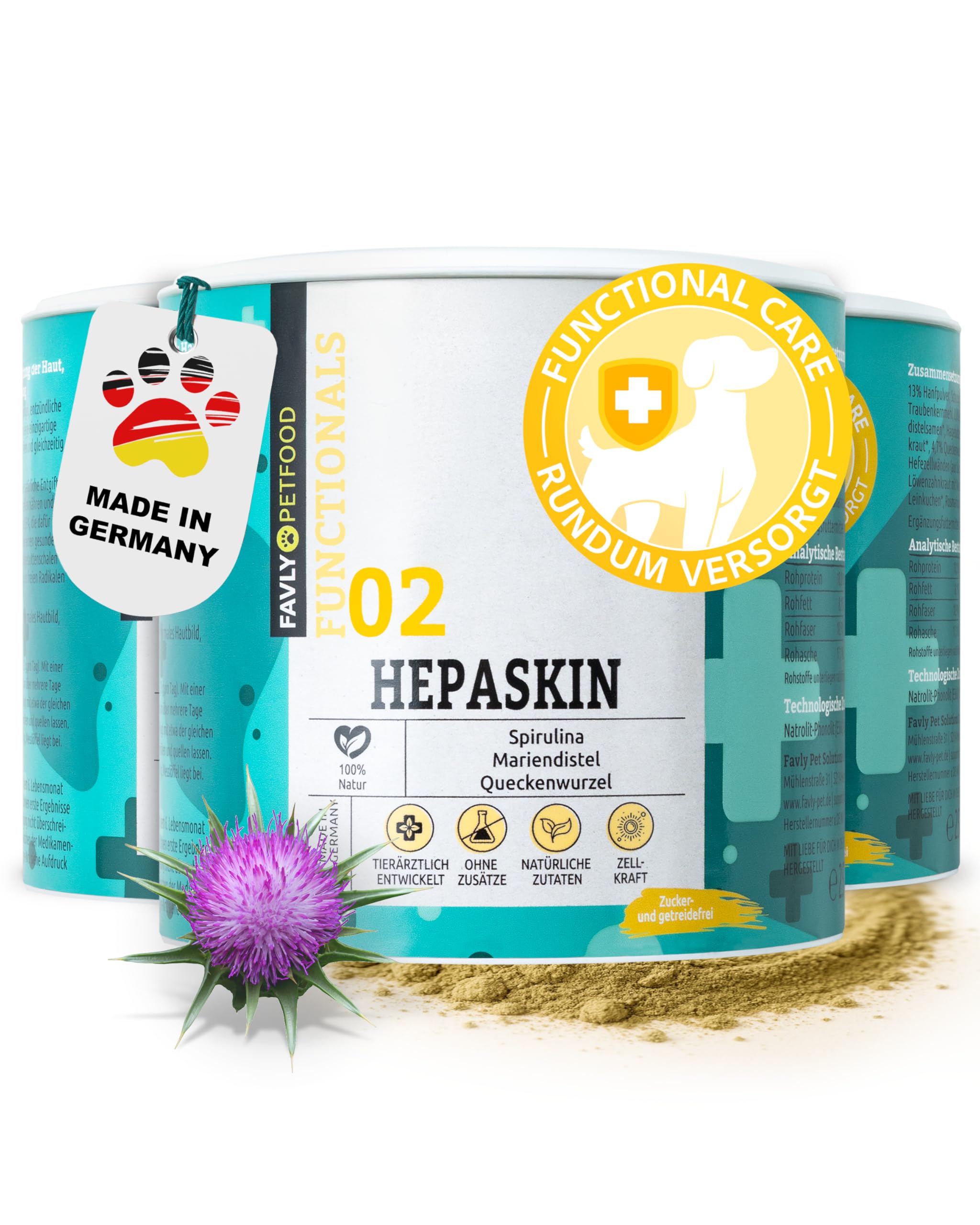 FAVLY – HEPASKIN Fellpflege Pulver 3x250g für Hunde & Katzen – Ergänzungsfuttermittel Topping mit Mariendistel, Omega-3 & Spirulina – bei Juckreiz, Schuppen & stumpfem Fell – Ohne Getreide & Zusätze
