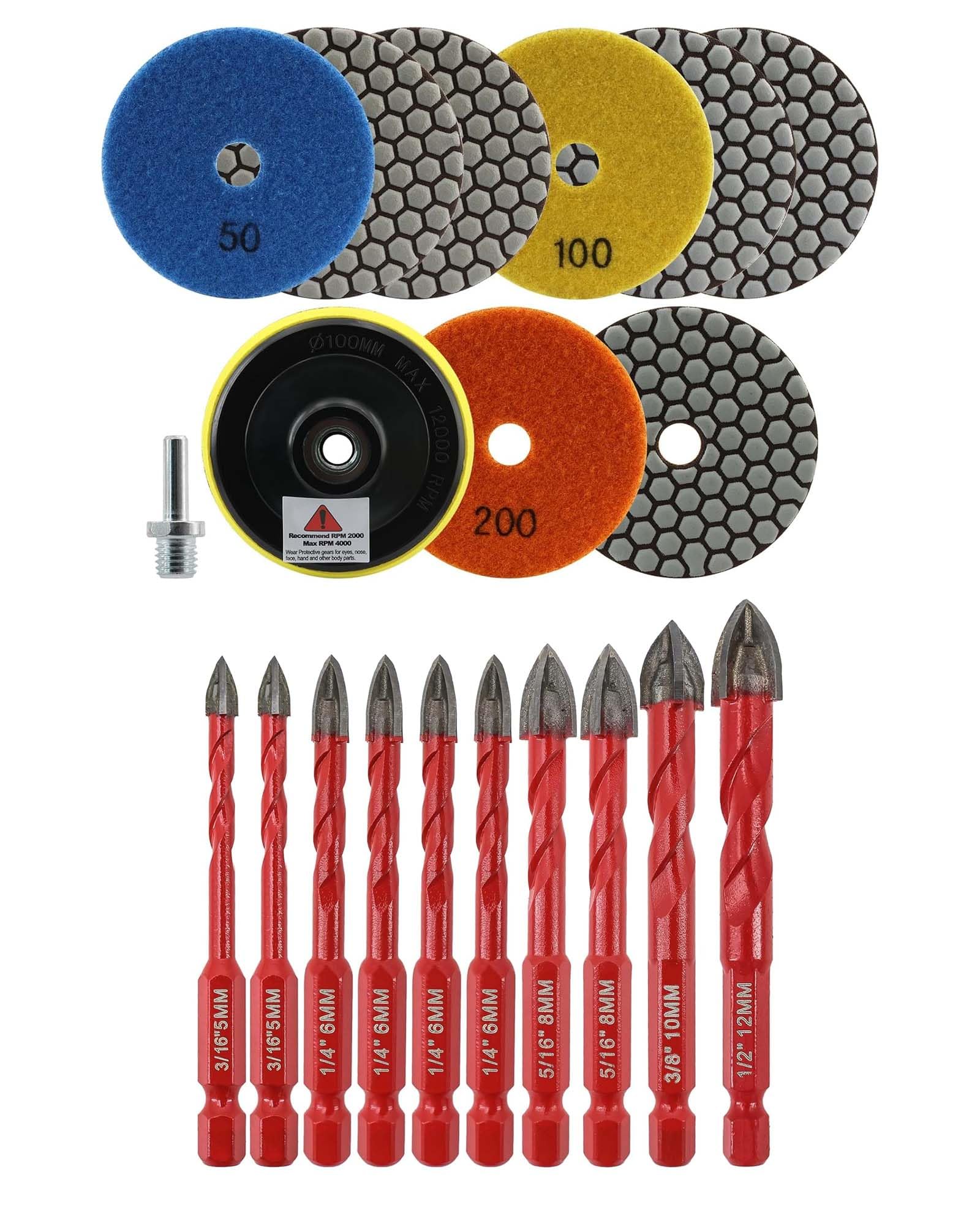 FOCSTOL Juego Brocas Seco 10 piezas (5mm*2+6mm*4+8mm*2+10mm+12mm) y Almohadilla de Pulido Diamante - 8 piezas 100mm (#50x3+#100x3+#200x2)