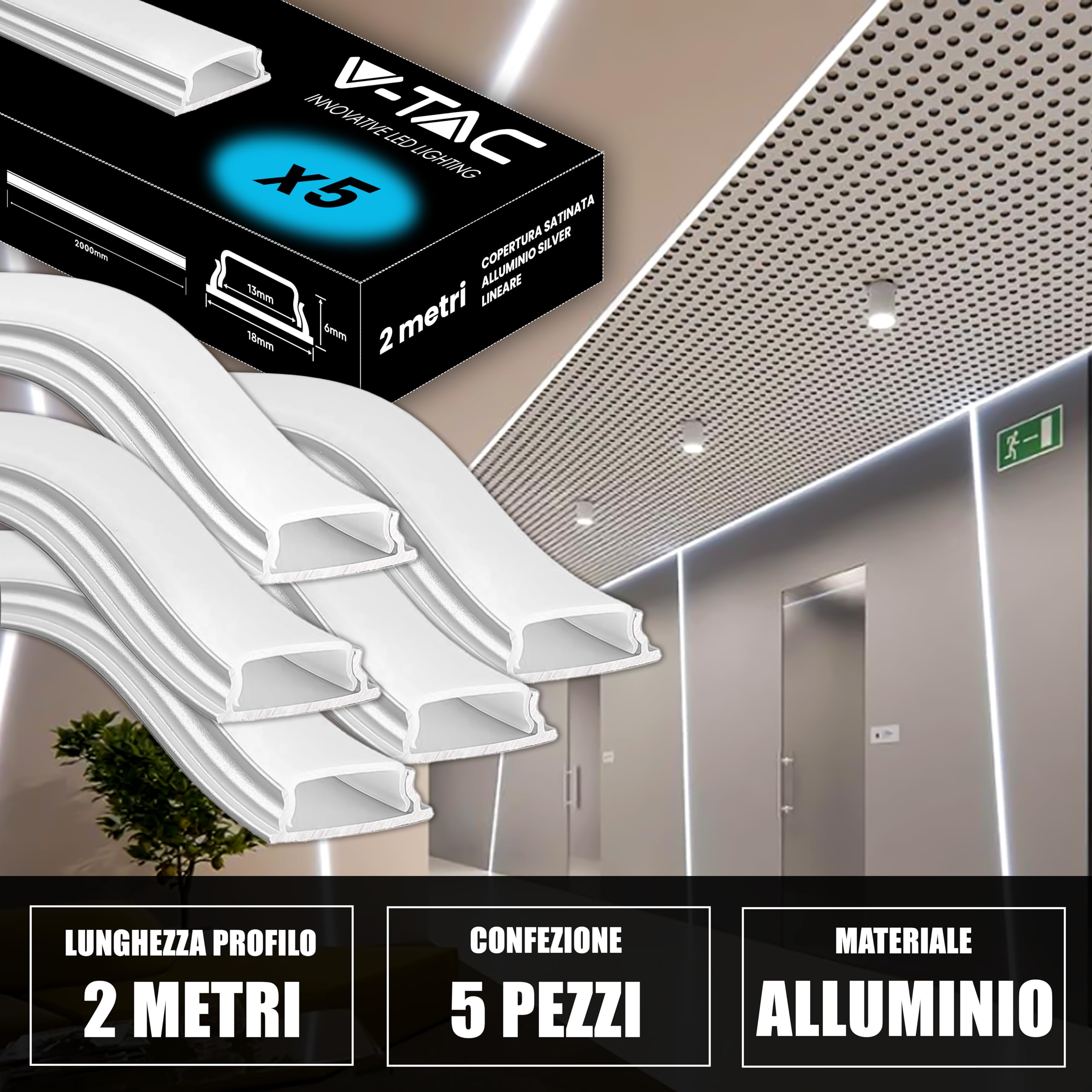 V-TAC 5x Profili per Strisce Led Flessibili da 2 METRI - (10 Metri Totali) - Profilo Pieghevole Parete e Soffitto per Striscia LED in Alluminio con Copertura Satinata - Colore Argento - 18 x 6 mm