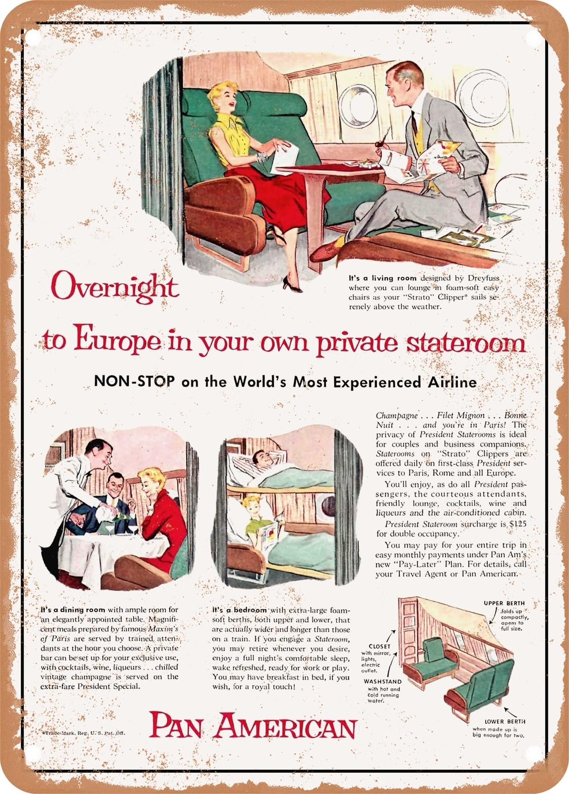 Miaomansenstore Metal Sign - 1954 Overnight To Europe In Your Own Private Stateroom Vintage Ad Home Decor