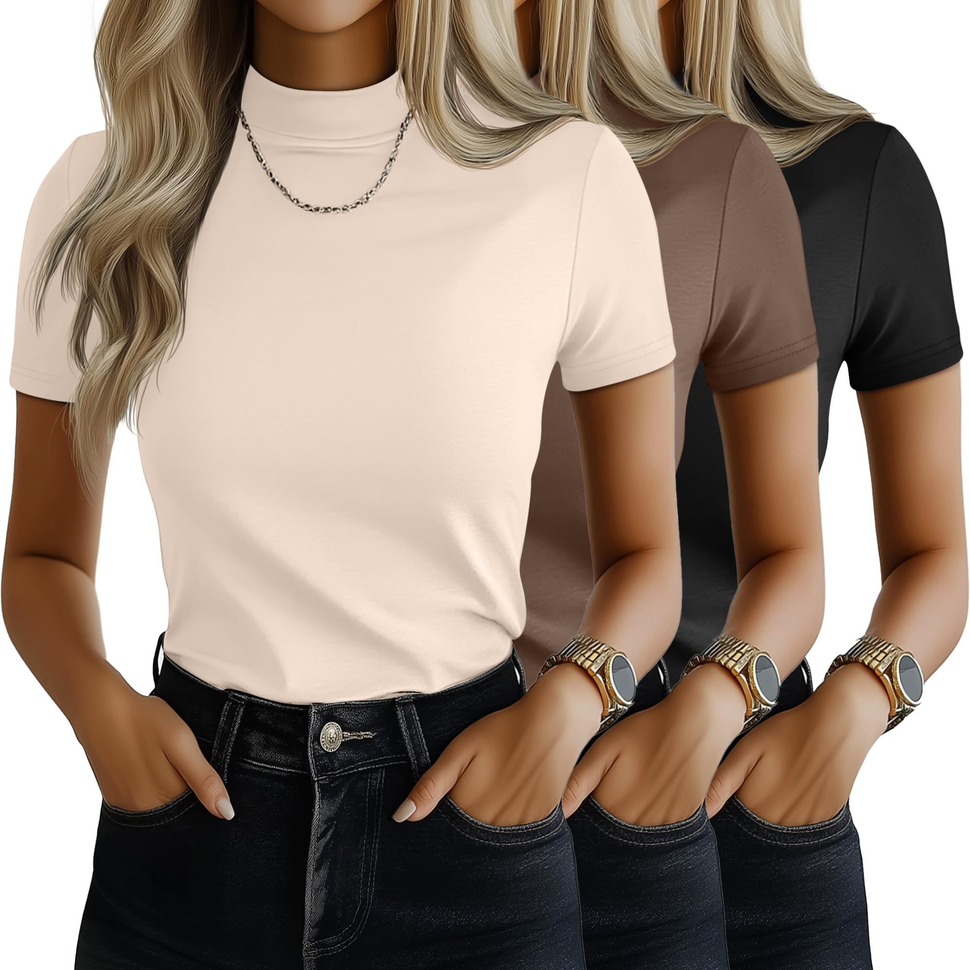 Ficerd Lot de 3 T-Shirts à Col Montant pour Femme, Manches Courtes, Coupe Ajustée, Style Décontracté, Idéal pour l'Été