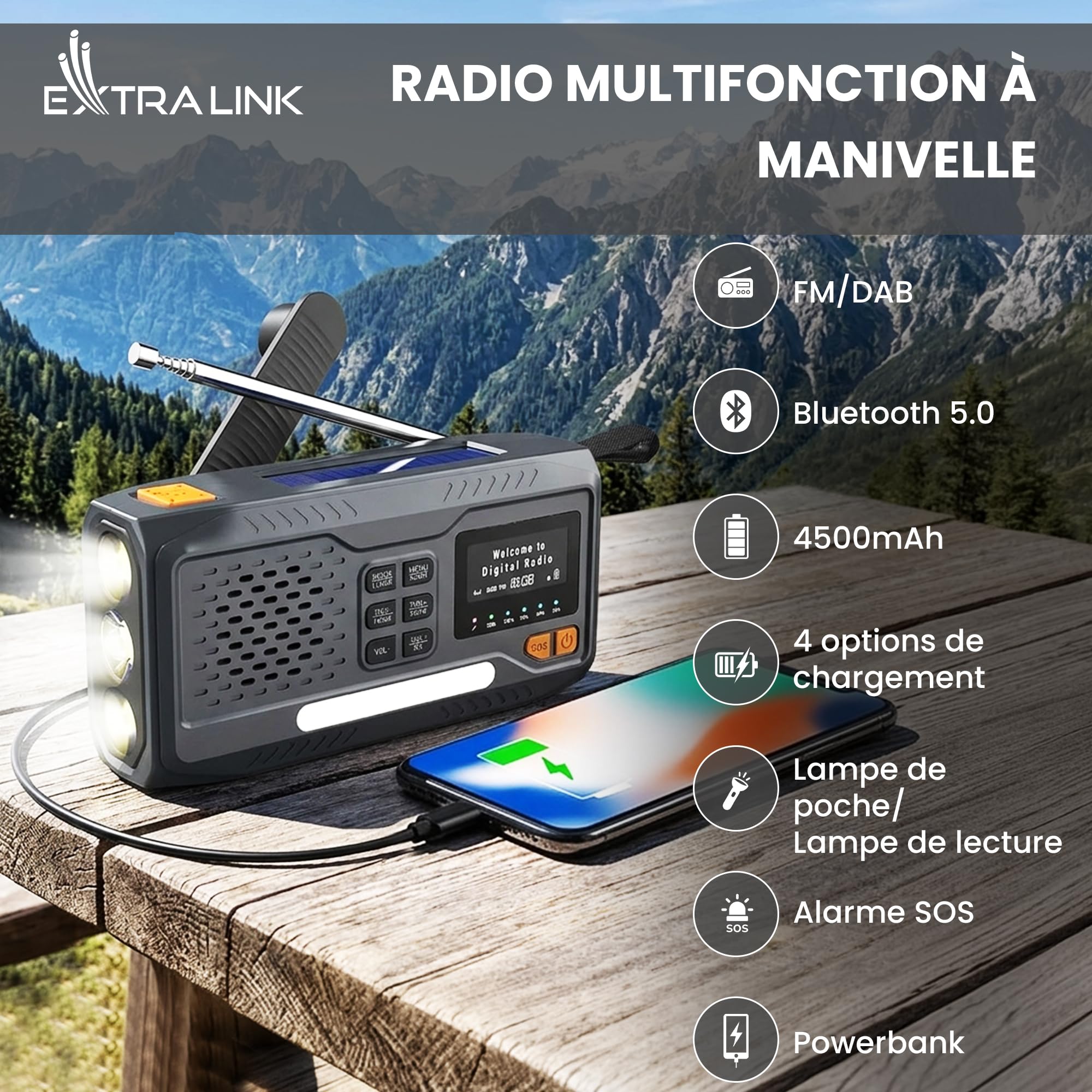 Radio Solaire Extralink 4500 mAh FM DAB Bluetooth LED SOS Camping