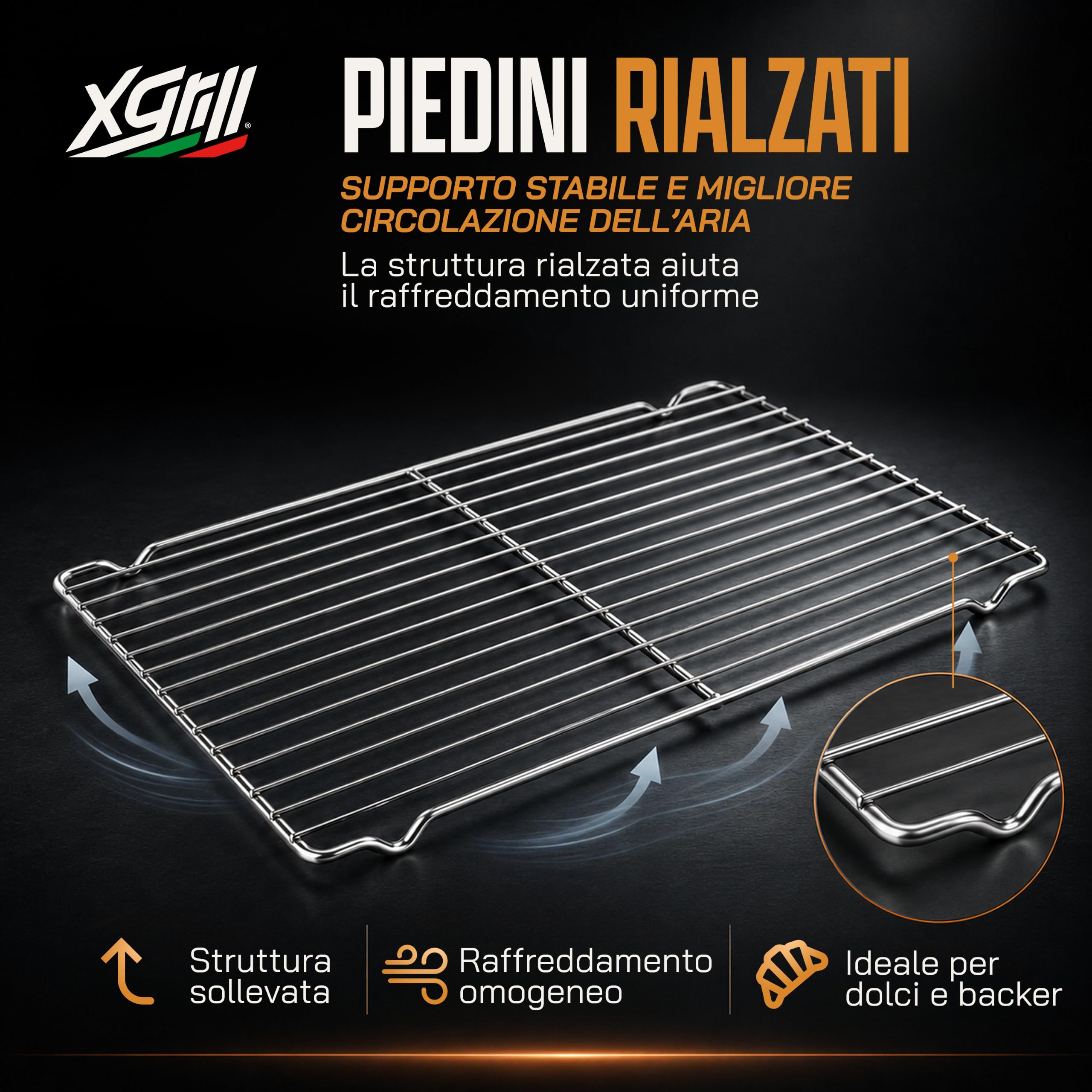 XGRILL | Griglia Rialzata 53x32,5 cm in Acciaio Inox con Piedini per Forno, Pasticceria e Raffreddamento Alimenti | Made in Italy