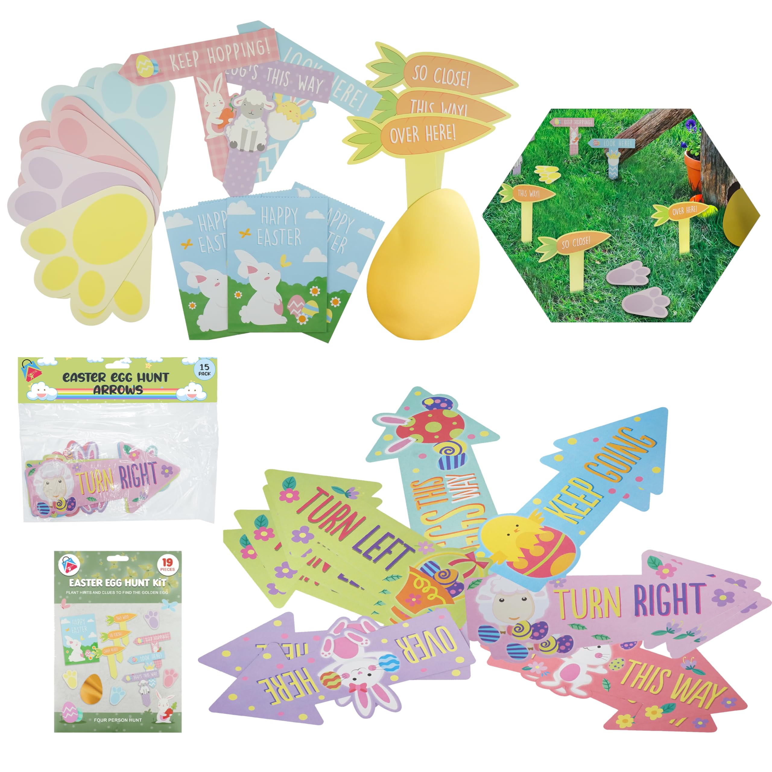HOVUK 34Pcs Easter Hunting Garden Game Stickers| Bunny Egg Trail Easter Egg Stickers| Yard Signs Bunny Footprints| Arrow Signs Easter Decorations Outdoor