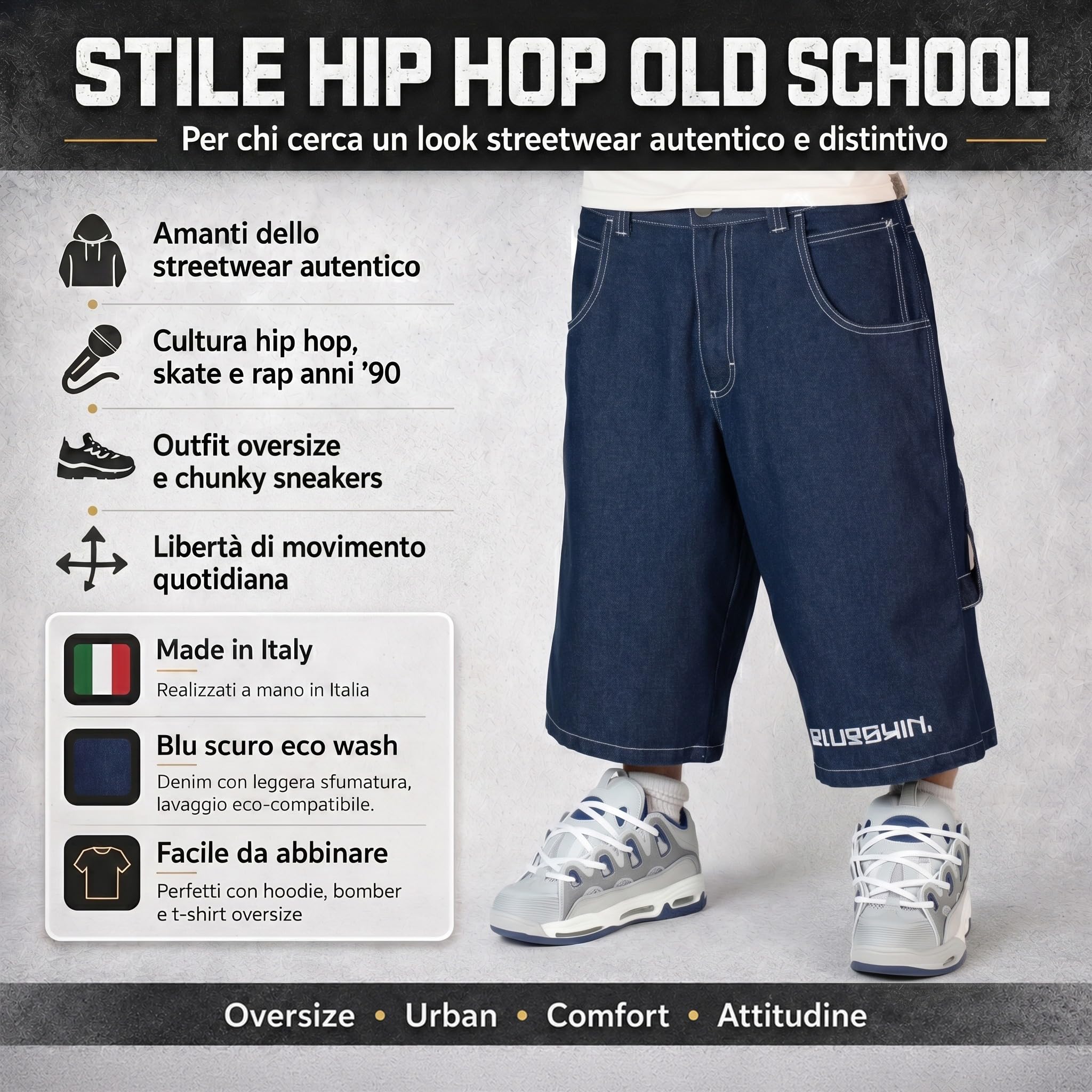 Bermuda Jeans Baggy Extra Long Uomo – Jorts Hip Hop Skate Streetwear Oversize Blu Eco Wash - W 26 IT 40