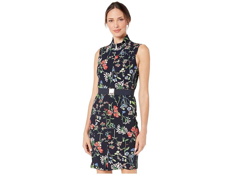 

Tommy Hilfiger Floral Scuba Crepe Front Zip Sheath (Sky Captain Multi) Women's Dress, Navy