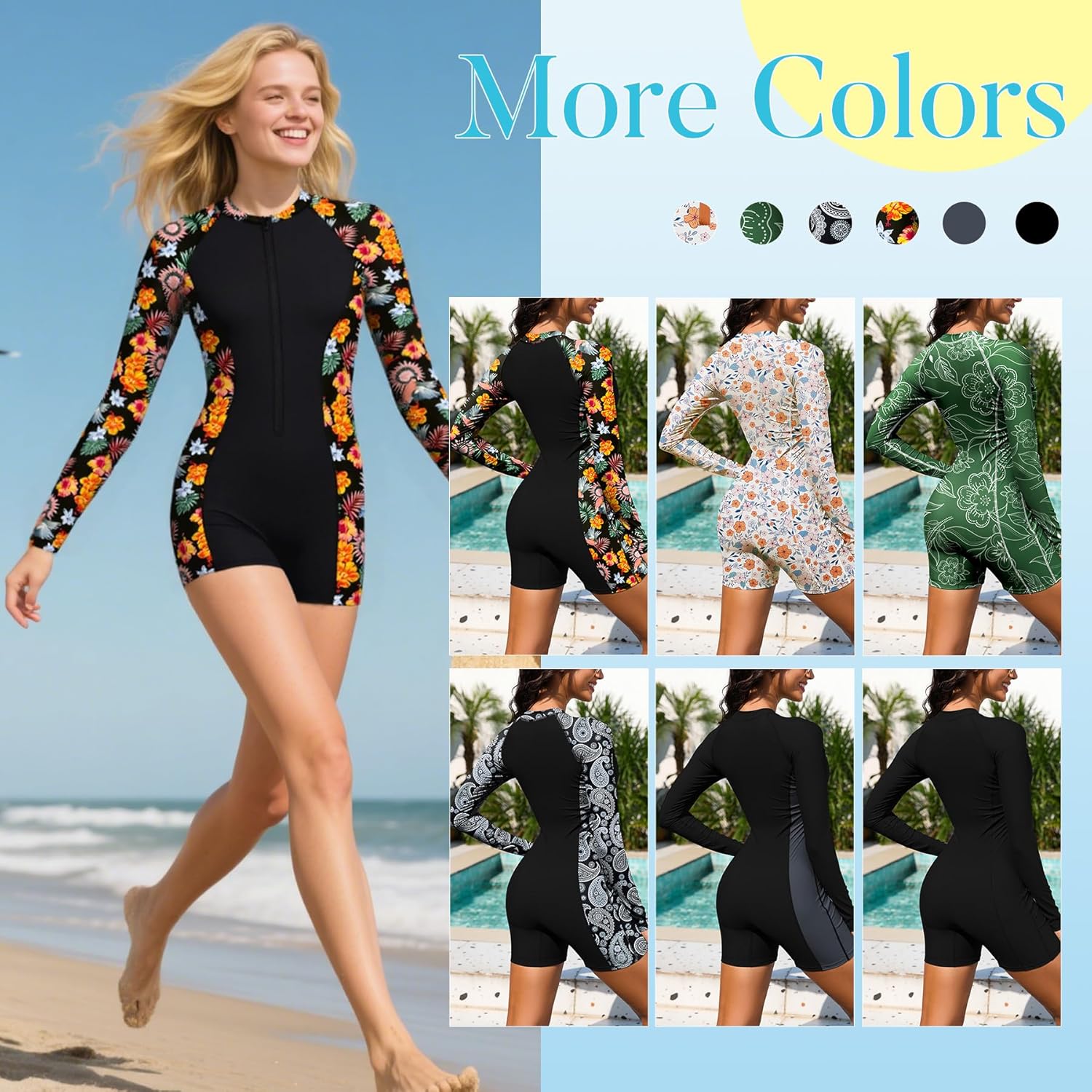 Zando UPF 50+ Rash Guard Long Sleeve Swimsuits for Women - Swimming Suit with Front Zipper Boyleg 1 Piece Wetsuit for Surfing - Image 7