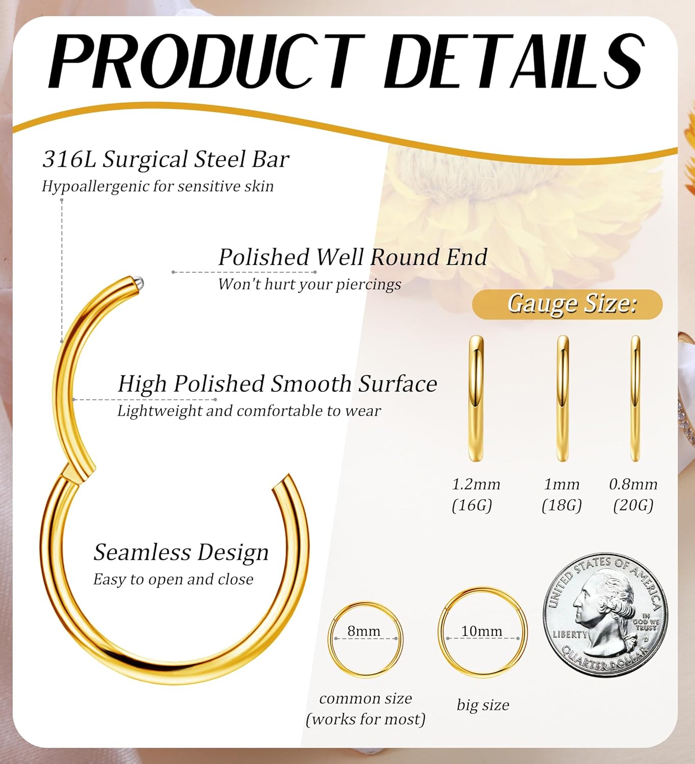 3pcs Nose Rings Hoops - 316L Surgical Steel Hinged Nose Hoops 16G/18G/20G CZ Clicker Septum Nose Ring Lip Helix Cartilage Hoop Earring Daith Rook Conch Body Piercing Jewelry for Women Men 8mm 10mm - Image 2