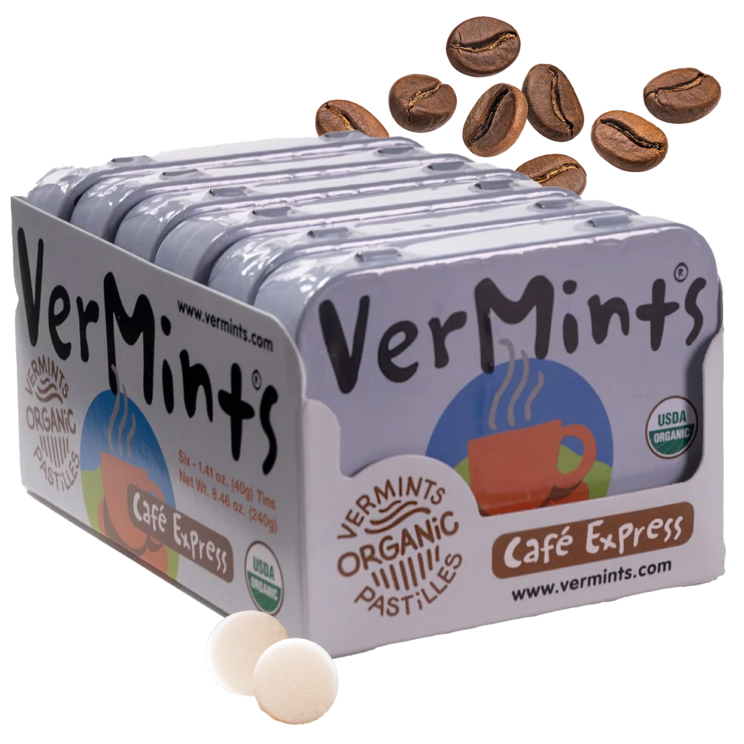 VerMints Organic Breath Mints Café Express - Real Ingredients, Lasting Coffee Flavor - Travel Size Tins - Non-GMO, Nut Free, Gluten Free, Vegan &