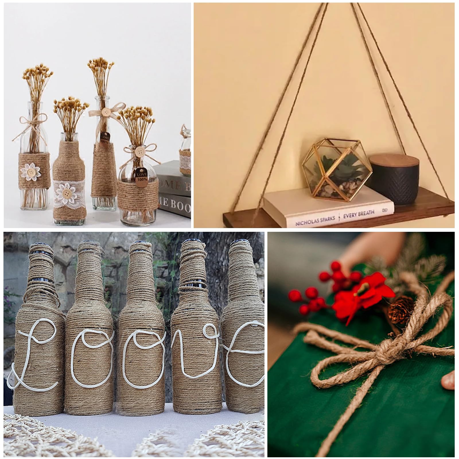 Ficelle de Jute Naturelle 4 mm 100 M Ficelle de Jute pour L'Emballage de Cadeaux Artisanat Plantes Jardin NoëL Arts Faits à la Main Ficelle pour L'Emballage DéCoration de la Maison
