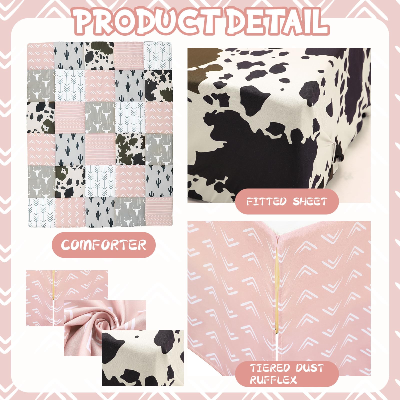 Hahafelt 3-teiliges Patchwork-Bettwäsche-Set für Jungen und Mädchen, Kuh-Kaktus-Druck, Baby-Bettwäsche, Barnyf, Western-Kinderzimmer, Dekoration, weiches Baby-Bettwäsche-Set mit Steppdecke