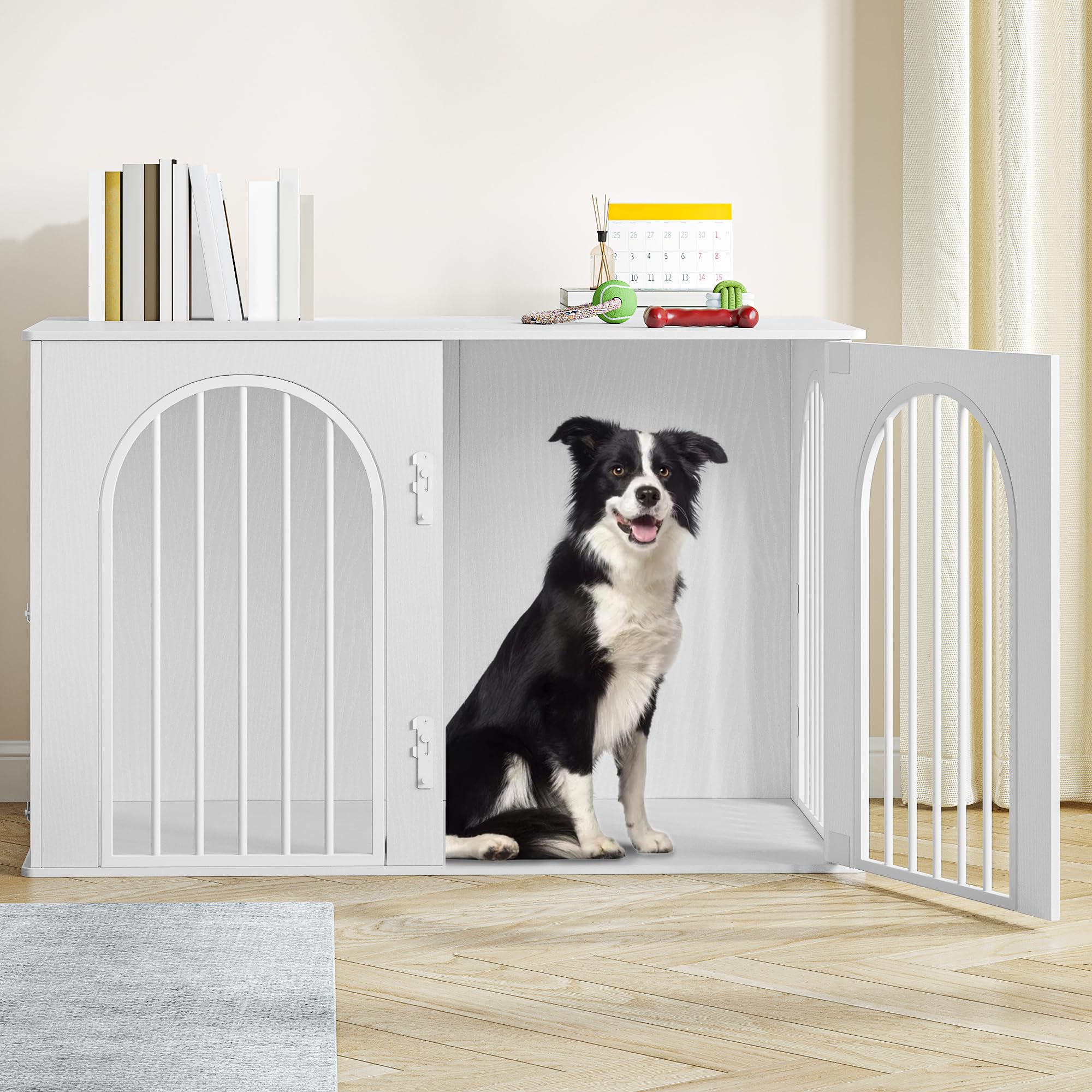Hzuaneri 108 cm Jaula para Perros, Mesa Auxiliar, Casa Moderna para Perros, Jaula Perro Grande para Casa de Madera, Dúplex para Animales, 3 Puertas, Puerta Arqueada, 64 x 108 x 76 cm, Blanco The Forest Stewardship Council