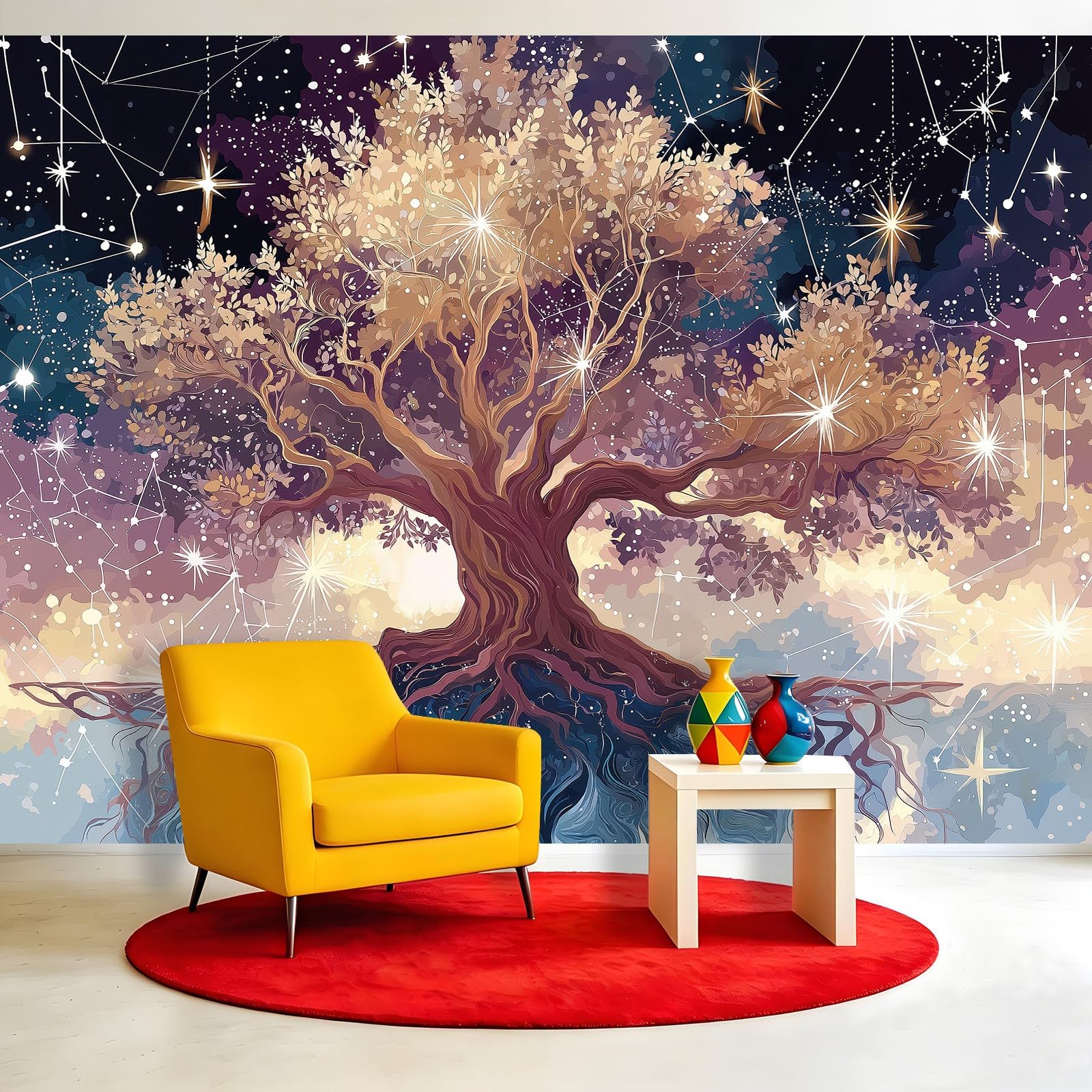 Générique Fantazyjna panoramiczna tapeta gwiaździste niebo 350 x 256 cm niestandardowy ogromny plakat ścienny do salonu, sypialni, pokoju dziecięcego - drzewa konstelacje świecące kropki