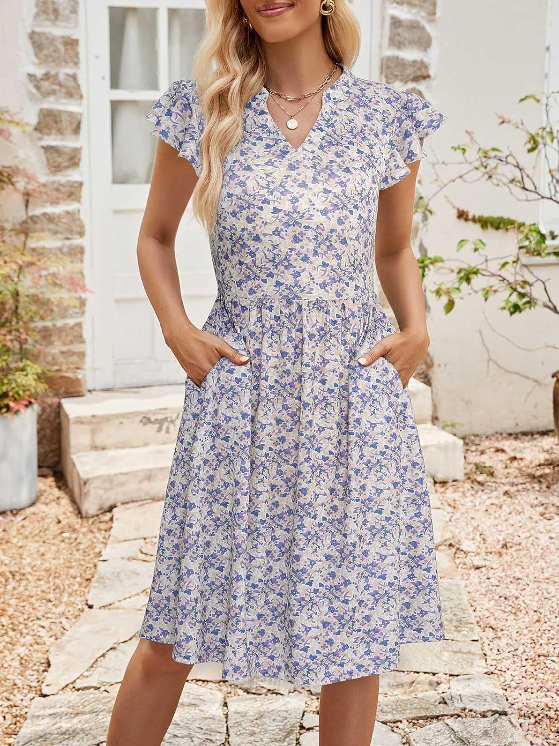 YATHON Casual Dresses for Women 2025 Cute Summer Floral Fit and Flare Cap Sleeve A Line Knee Length Dress with Pocket - Image 4