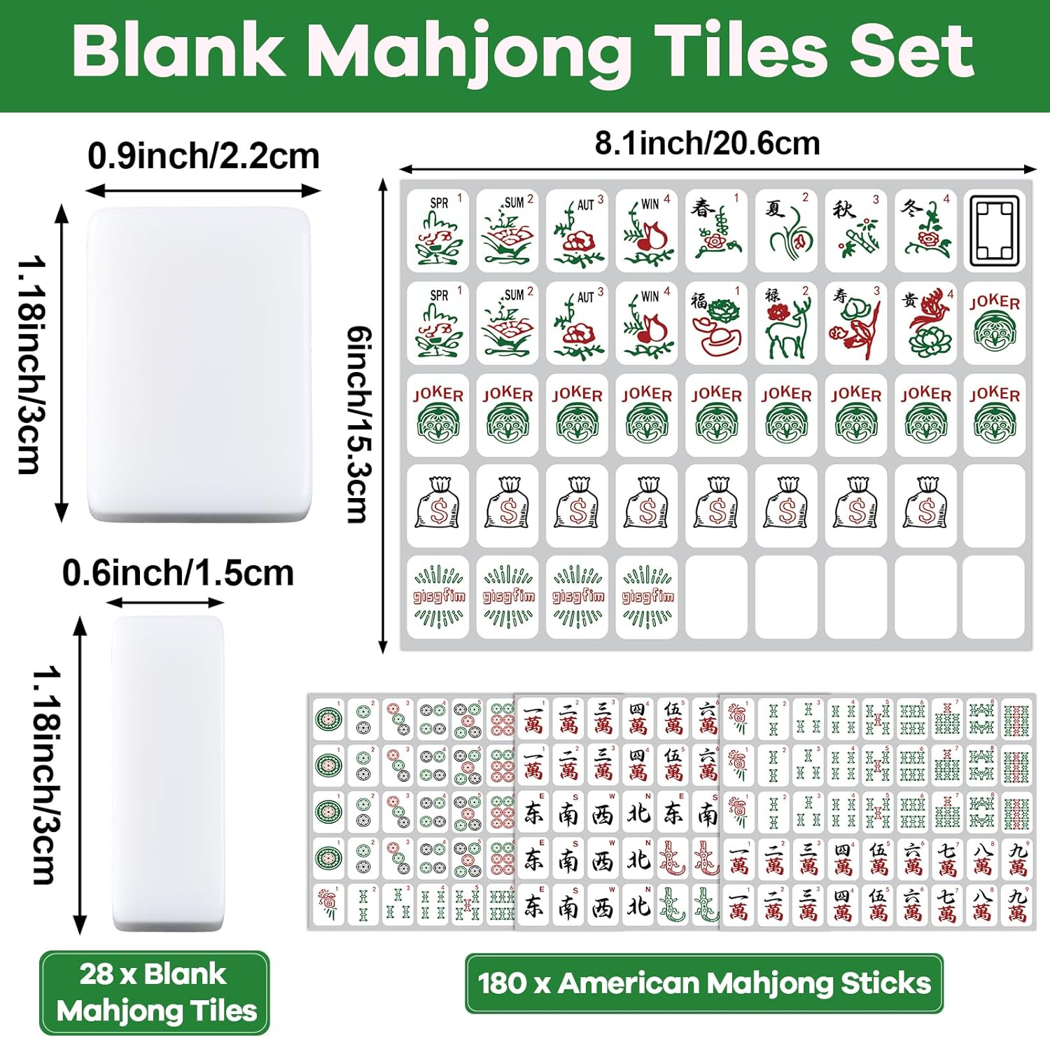 gisgfim Blank Mahjong Tiles Set Include 28 Pcs Blank Mahjong and 180 Pcs American Tile Decal Stickers Suitable for 1.2 Inches Standard Size American Tiles Replace Lost Tile Can Be Used
