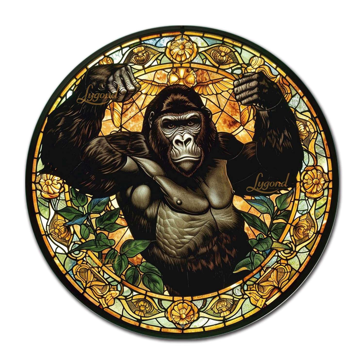 Lygond Metal Sign Tin Sign Circular Stained Glass Gorilla Metal Sign For Restaurant 12×12 Inches